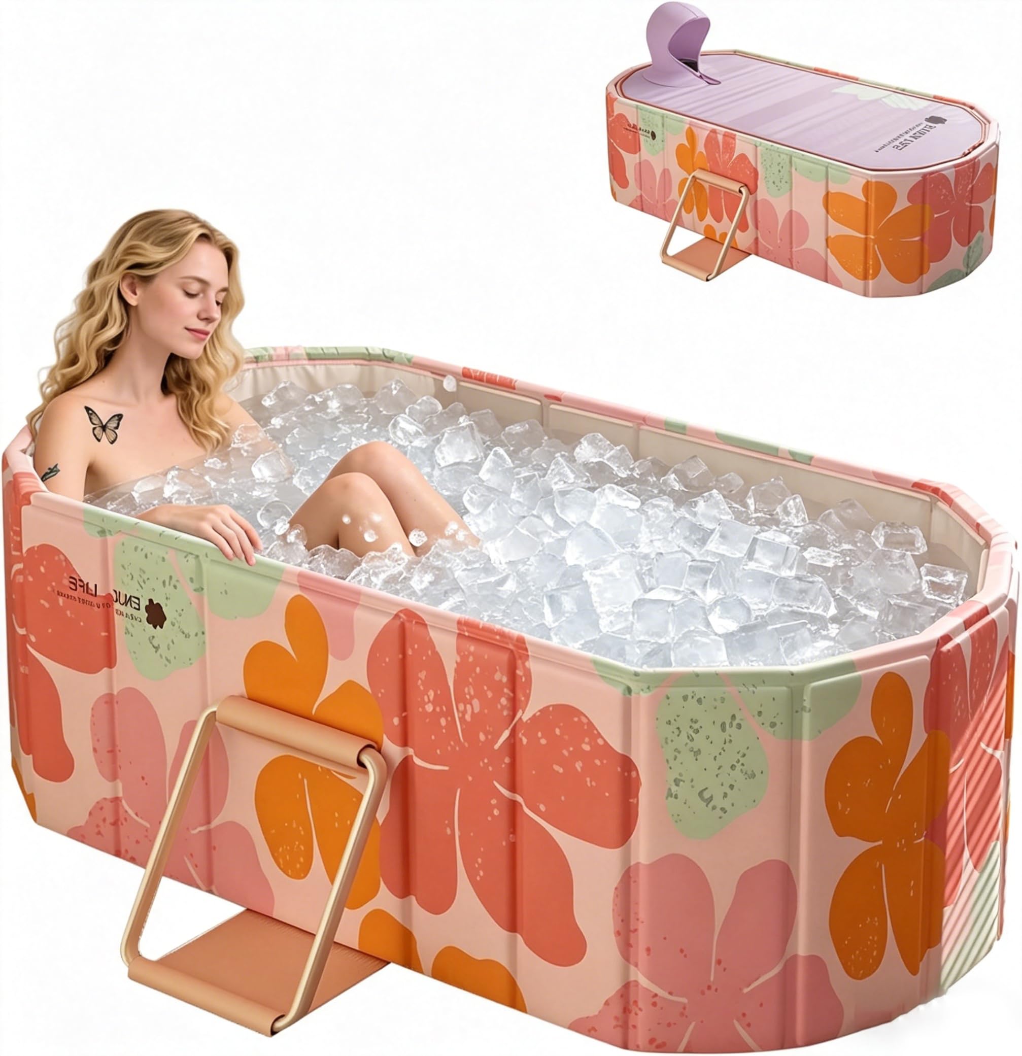 Faltbare Badewanne für Erwachsene,2in1 Eisbad & Warmwasser,Tragbar Freistehende Badewanne mit Deckel,Ideal für Heim-SPA, Outdoor & Indoor, Montagefrei-Extra Groß(150x56x50cm,Pink)
