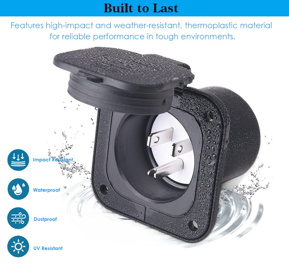 Veepeak 15 Amp Flanged Inlet Shore Power Plug NEMA 5-15 125V Electrical Outlet Receptacle with Waterproof Cover for RV Camper Trailer Boat Shed, 2 Pole 3-Wire Straight Blade, ETL Listed