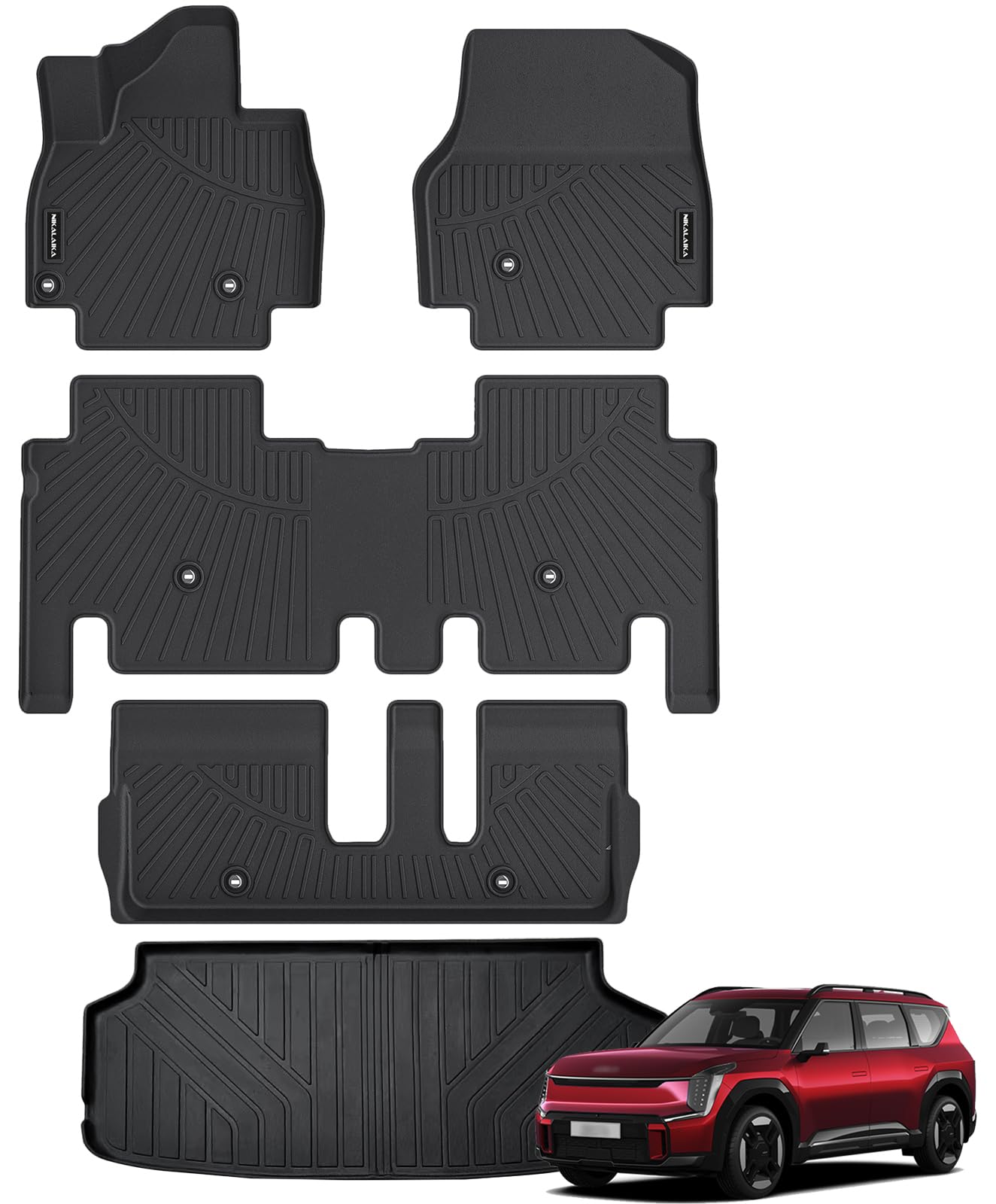 Floor Mats & Cargo Liner for 2024 2025 Kia EV9 (Only Fit 7 Seats) All Weather Protection TPE Rubber Floor Liners for 2024 Kia EV9 Automotive Accessories, 1st & 2nd Row Full Sets, Black