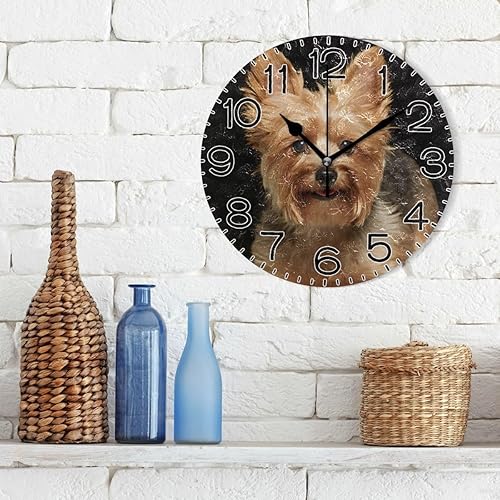 Miniatura 3 de Reloj de pared con diseño de perro Yorkie, funciona con pilas, silencioso, de cuarzo, analógico, rústico, estilo rural, redondo, decoración retro