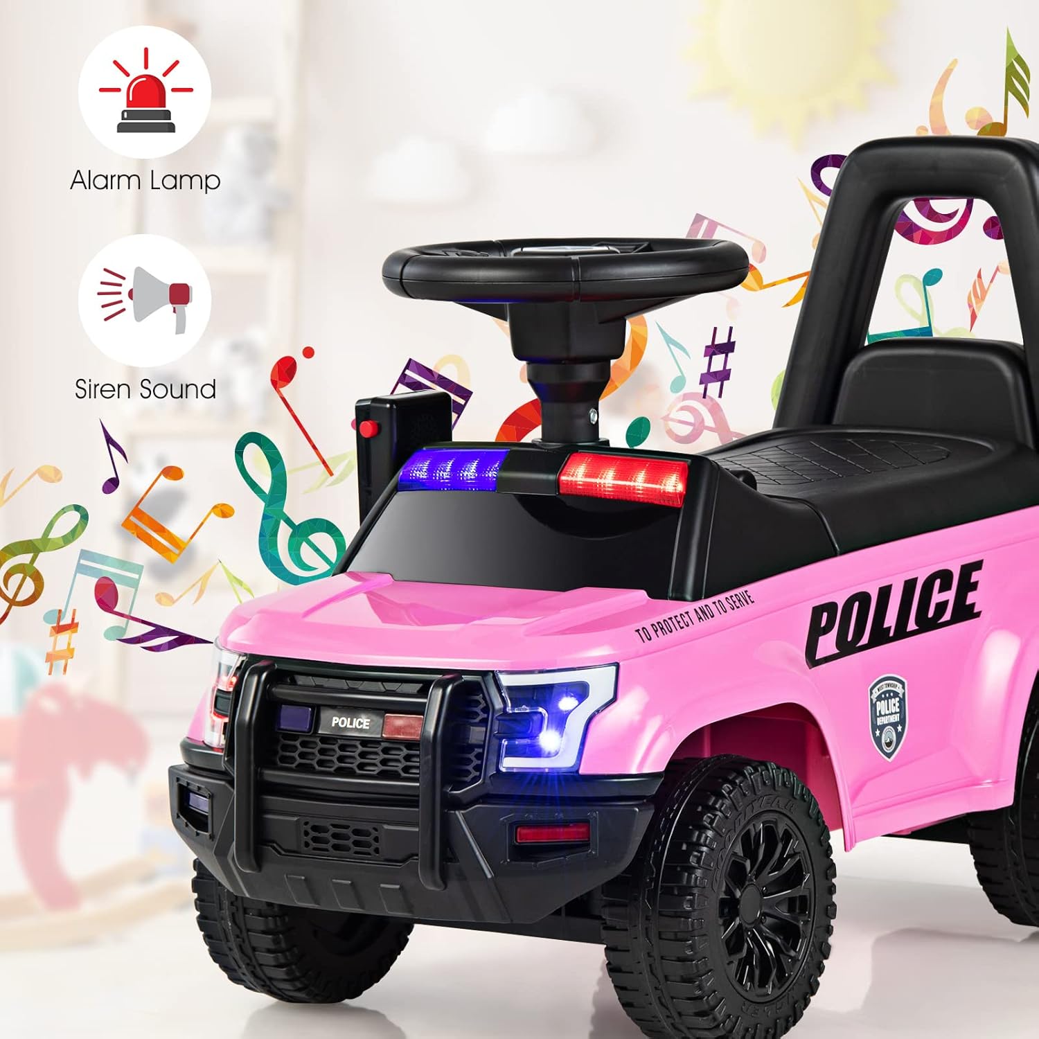 OLAKIDS Ride On Push Police Car, Toddler Foot-to-Floor Sliding Toy with Siren, Steering Wheel, Megaphone, Horn, Headlights, Under Seat Storage, Kids Racer Walking Gift for Boys Girls 1-3 (Pink) - Image 4