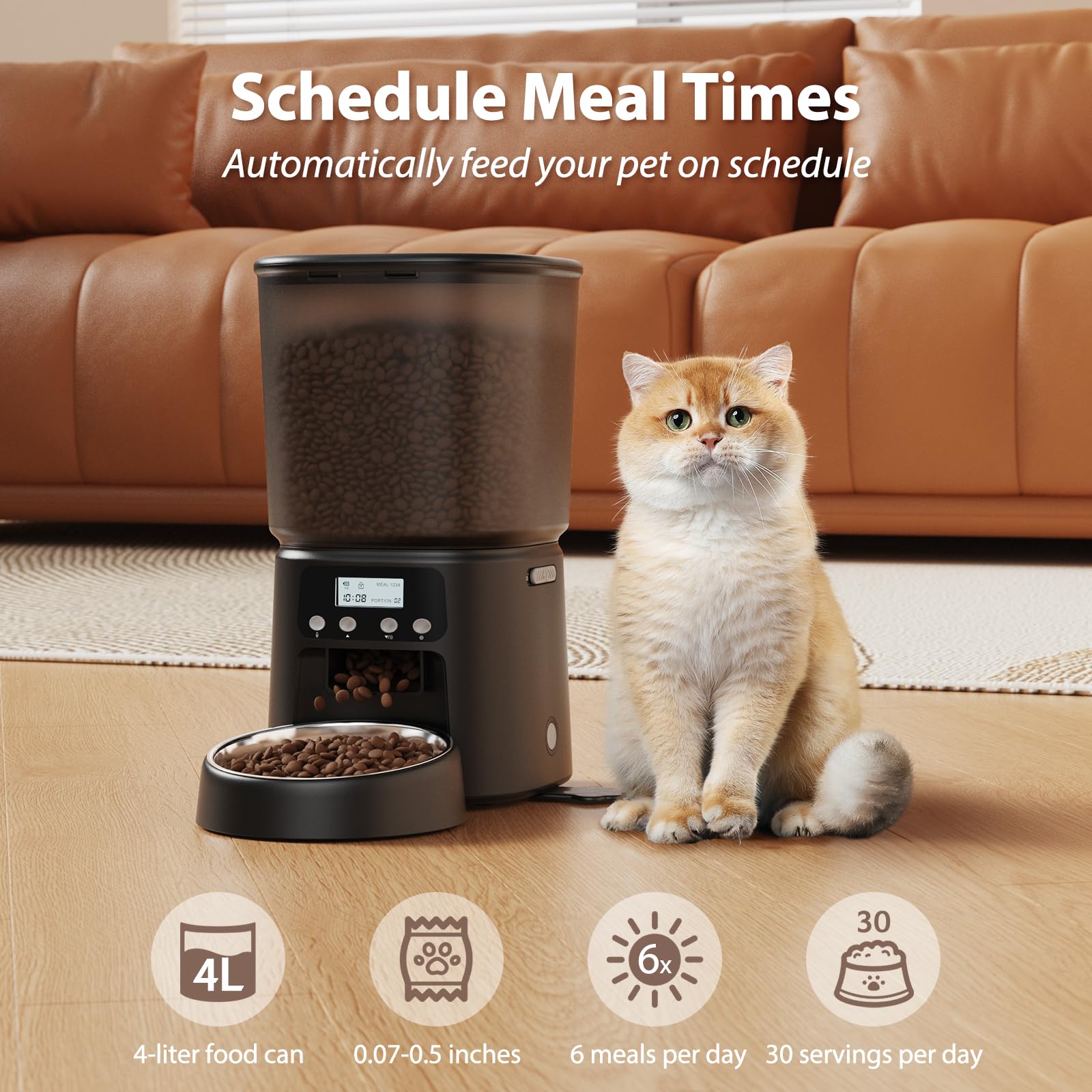 Automatic Cat Feeder, 4L/16Cups Cat Food Dispenser with Stainless Steel Bowl Programmable 30 Portions 6 Meals per Day, Timed Pet Feeder for Kitty Small Dogs with 10S Voice Record, Black - image 2