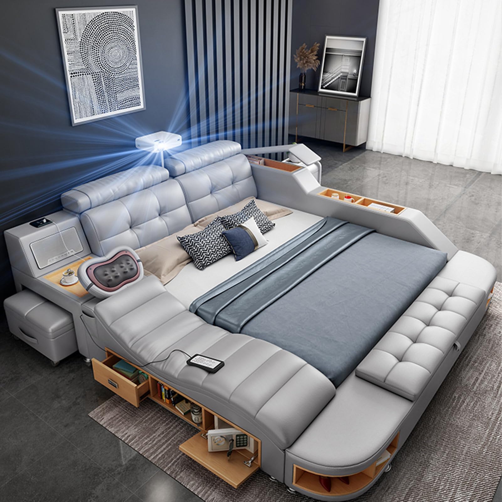 Mid-Century King Size Genuine Leather Bed Set with Headboard and Lift Up Storage Upholstered Platform Bed Frame Strong
