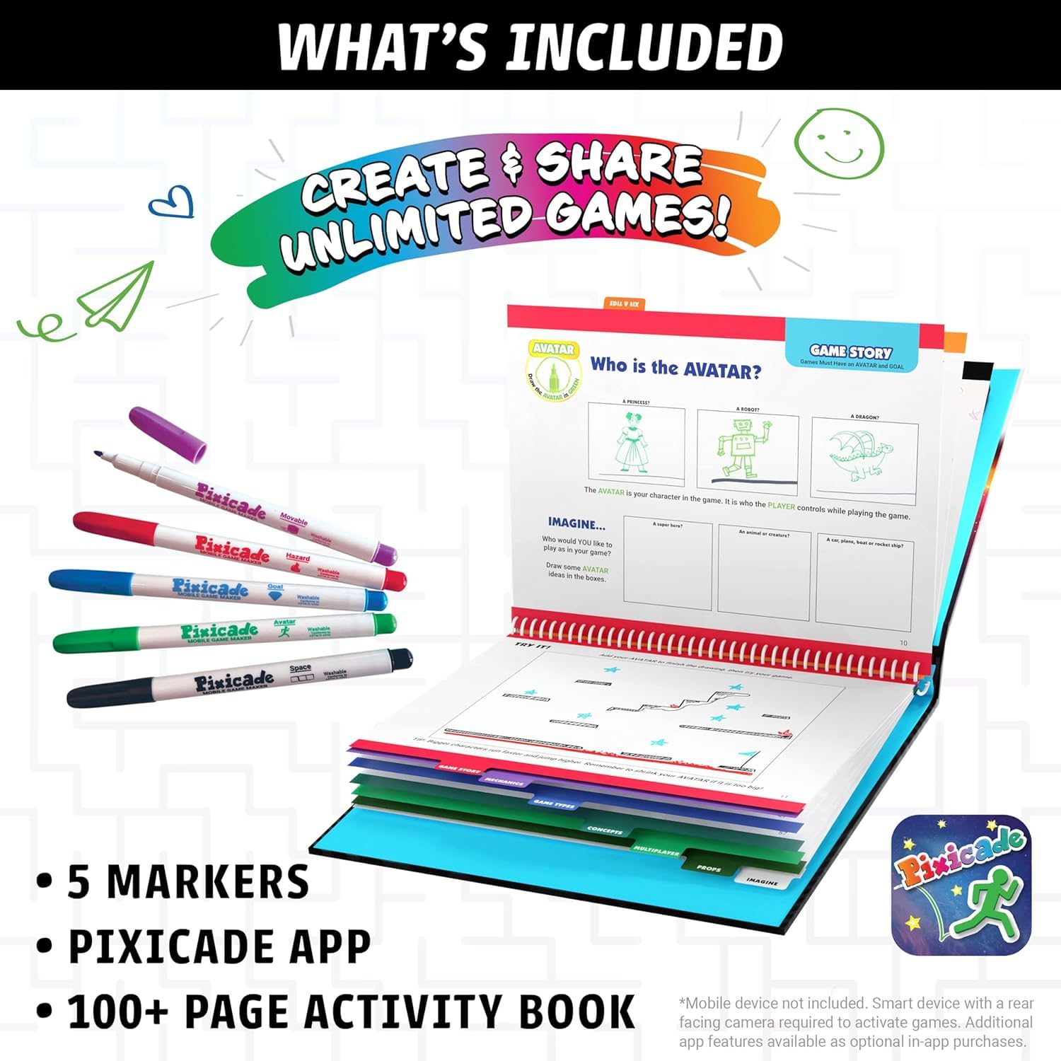 Abacus Brands Pixicade – CREA Tus Propios Videojuegos, Juguete Stem | Sin programación – dibuja, escanea y juega al instante. Incluye 5 rotuladores y libro de diseño de 108 páginas