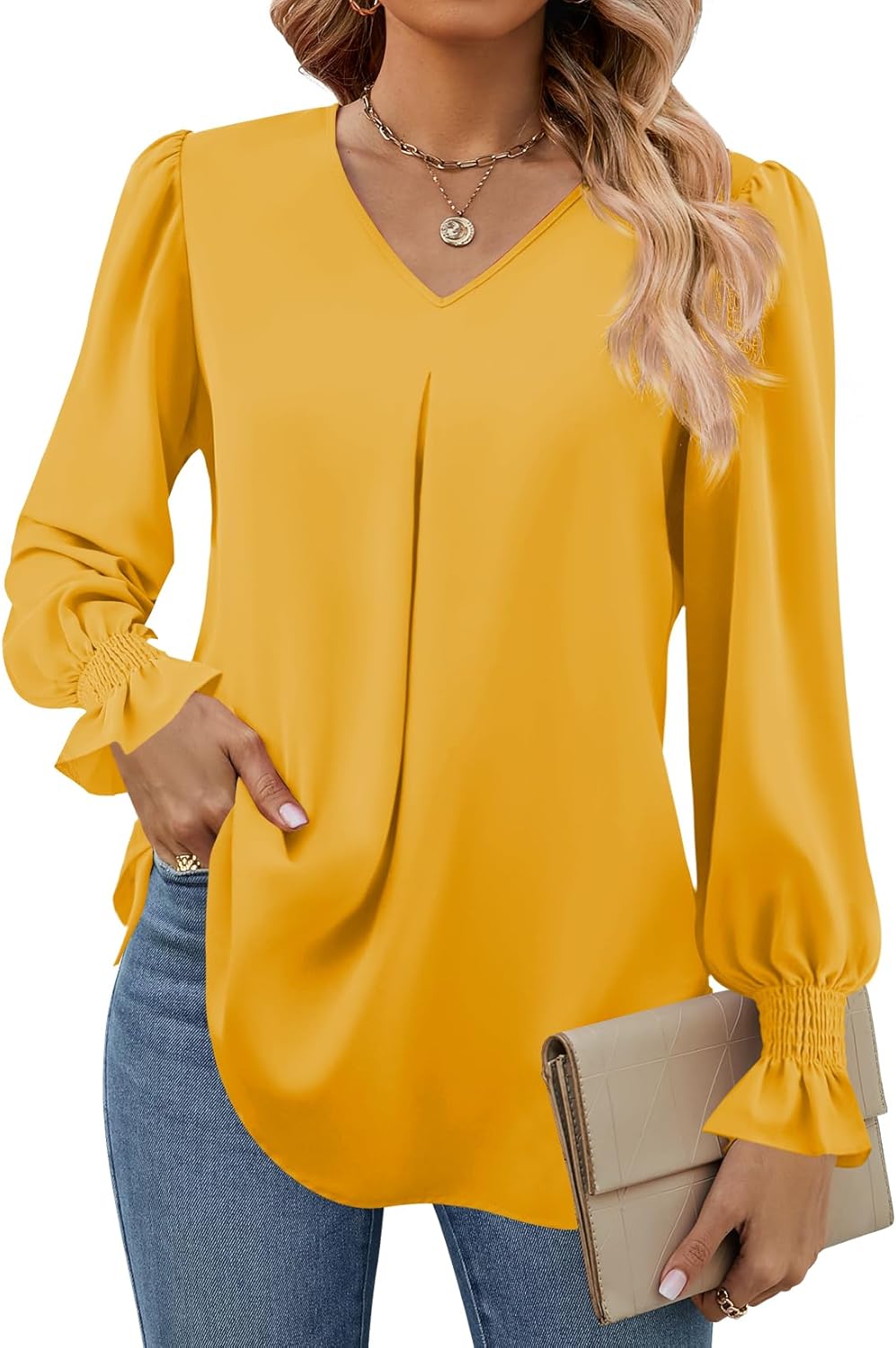 Funlingo Women's 2025 Long Sleeve Tops Dressy Casual V Neck Tunic Shirts Loose Chiffon Work Blouse