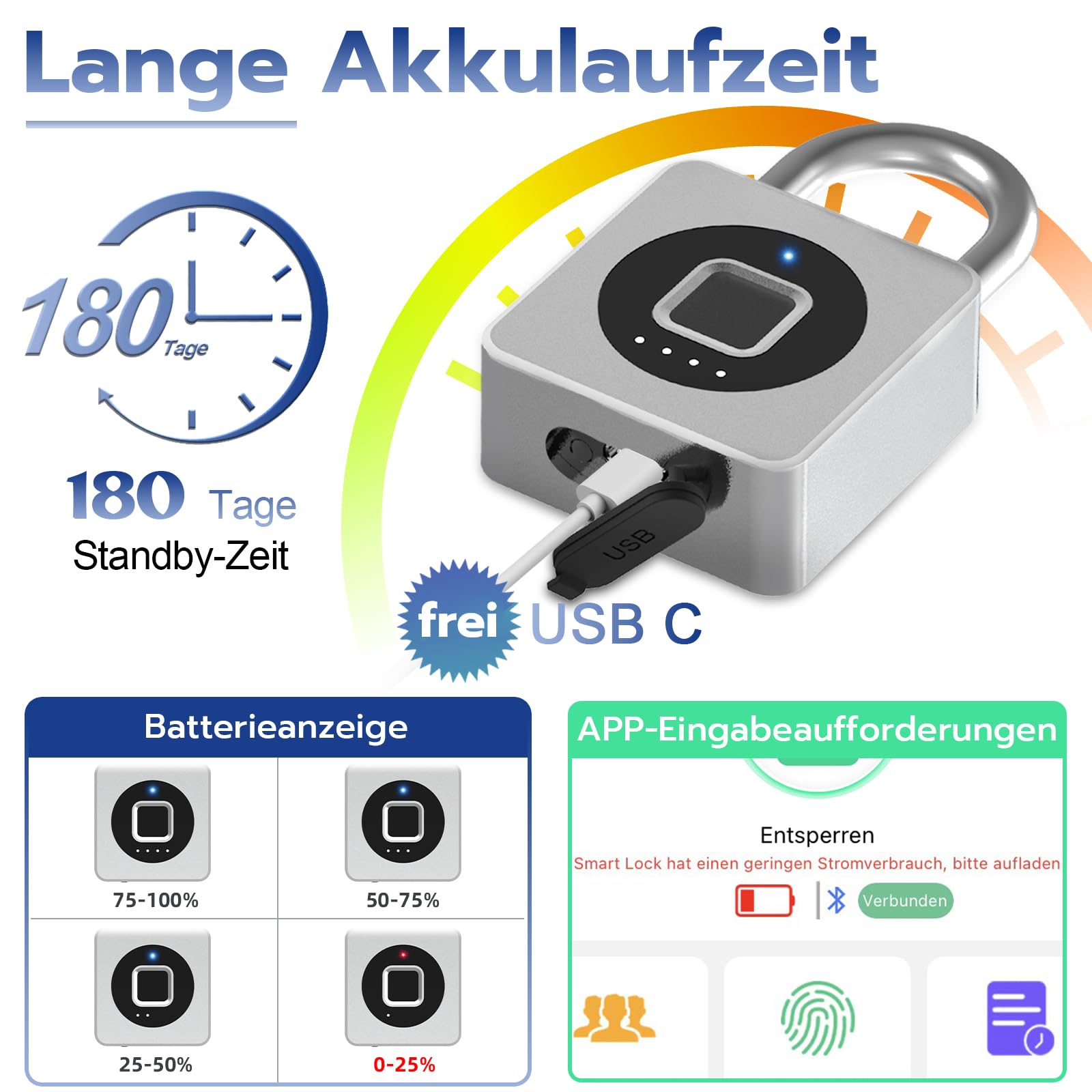 Eseesmart Cadenas à empreintes digitales, pour salle de sport, Bluetooth avec empreintes digitales, IOS Watch, cadenas étanche pour bagages, entrepôts, voiture de fret, garage, casier
