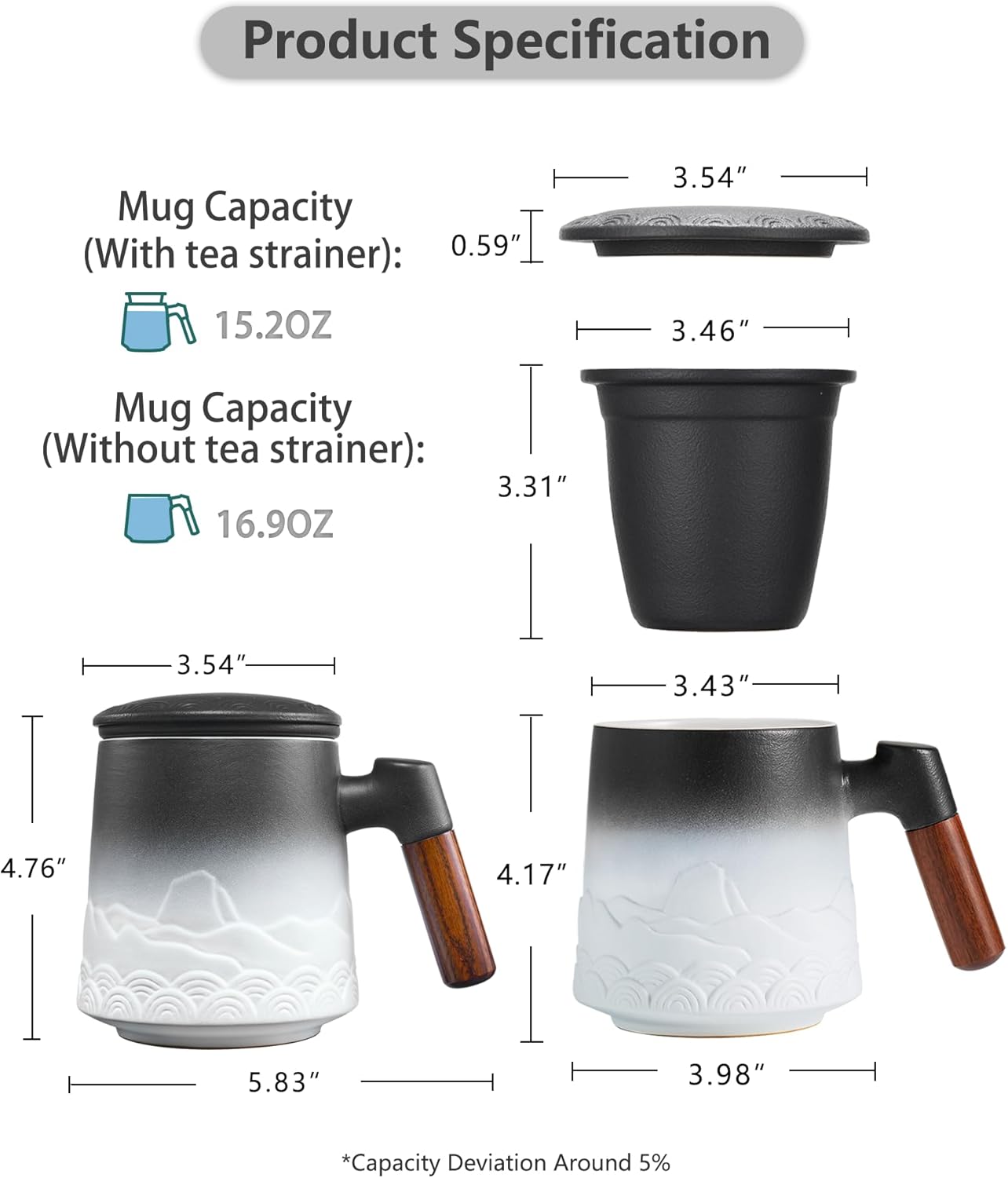 ZENS Tea Mug with Infuser and Lid for Loose Leaf Tea Steeper, 16.9oz Embossed Ceramic Tea Cup with Fine Strainers, Wood Handle Large Diffusers Mugs for Tea Lovers Gifts - Image 5