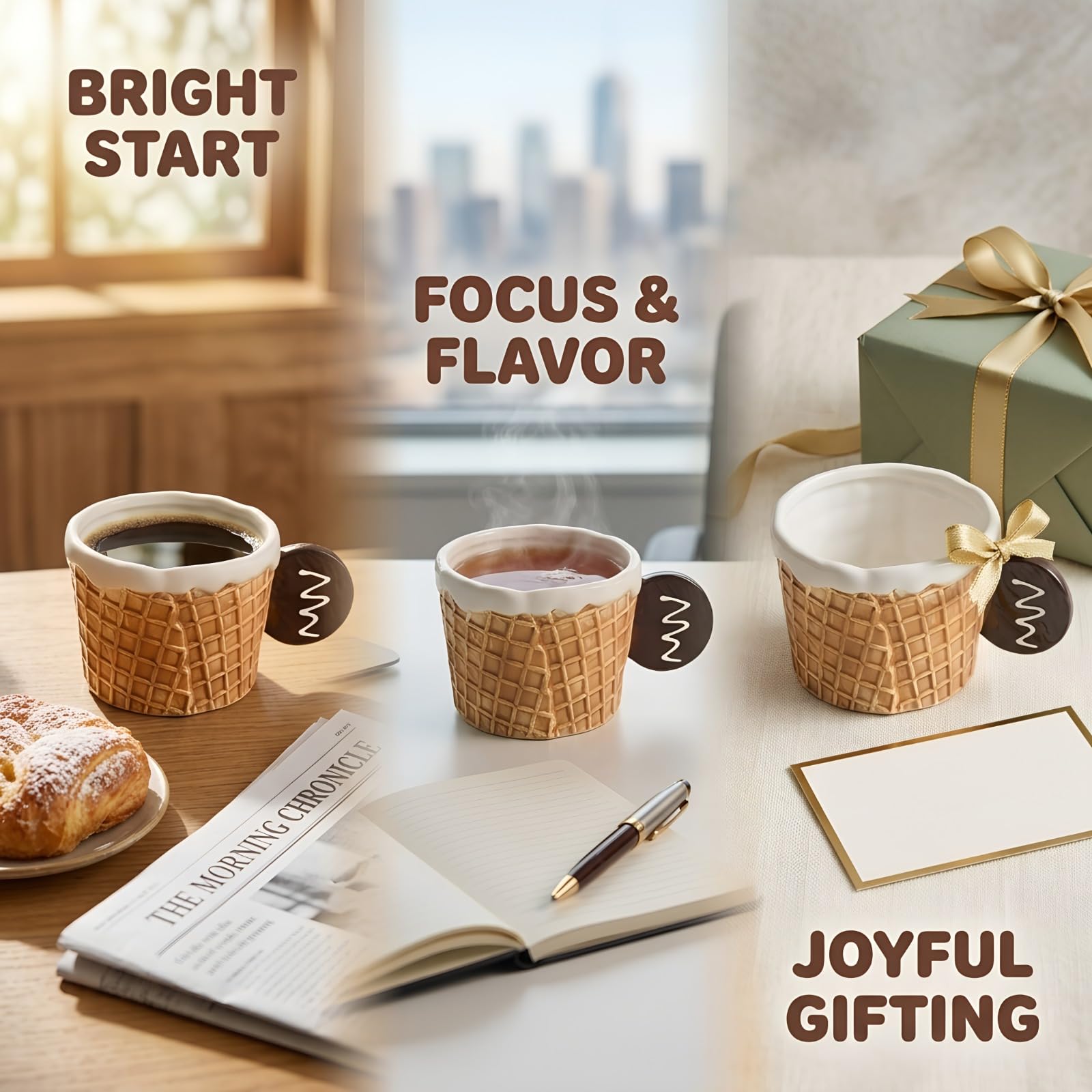 Tasse et soucoupe en céramique 10 oz / 300 mL, mug petit déjeuner créatif avec anse biscuit 3D, tasse à café sous glaçure, compatible micro-ondes et lave-vaisselle, pour maison bureau café cadeau