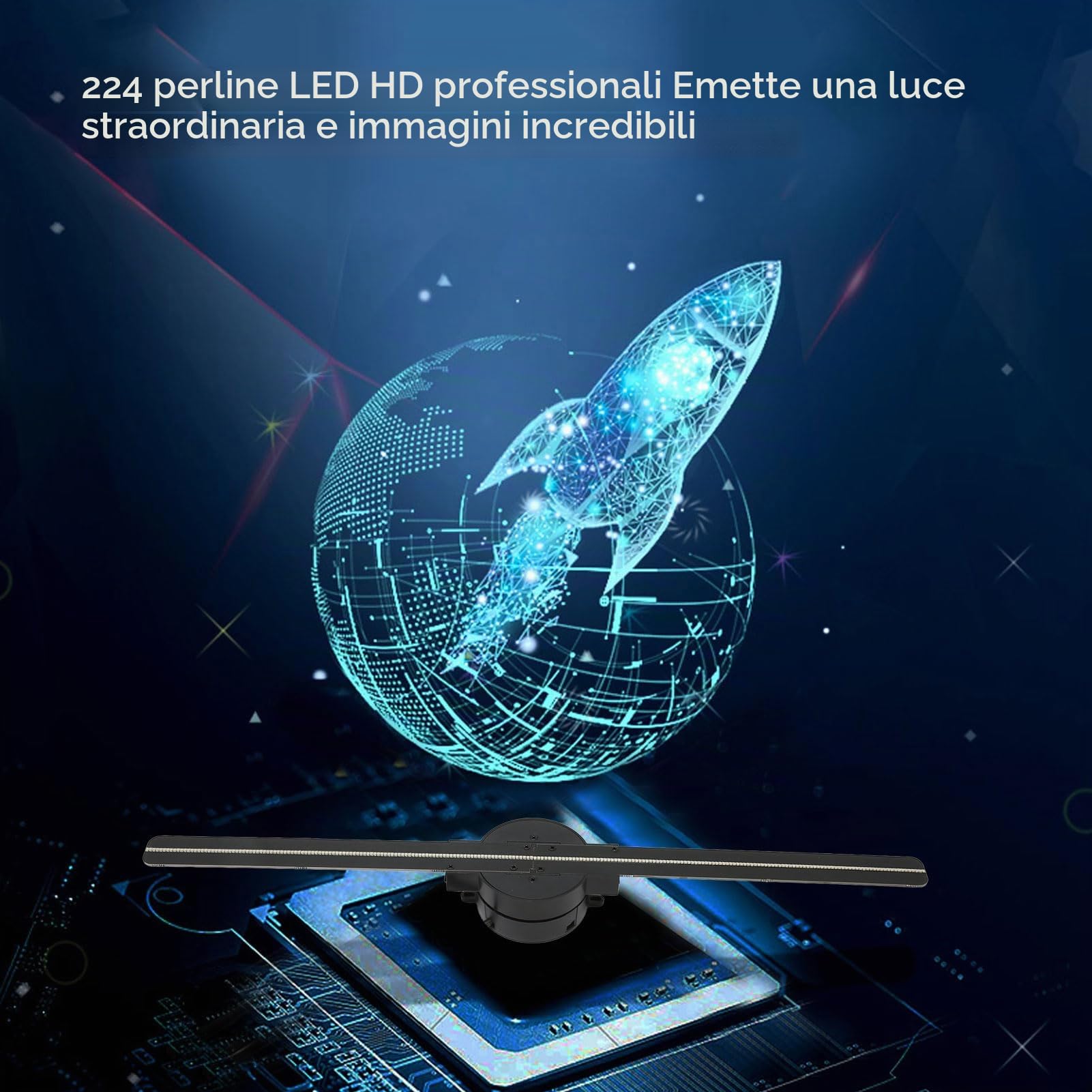 Proiettore Wi-Fi con Ventola Ologramma 3D, 224 Perline Luminose a LED, Display per Proiettore Pubblicitario Video Olografico da 16,5 Pollici 1080P per Aziende, Feste, ecc.