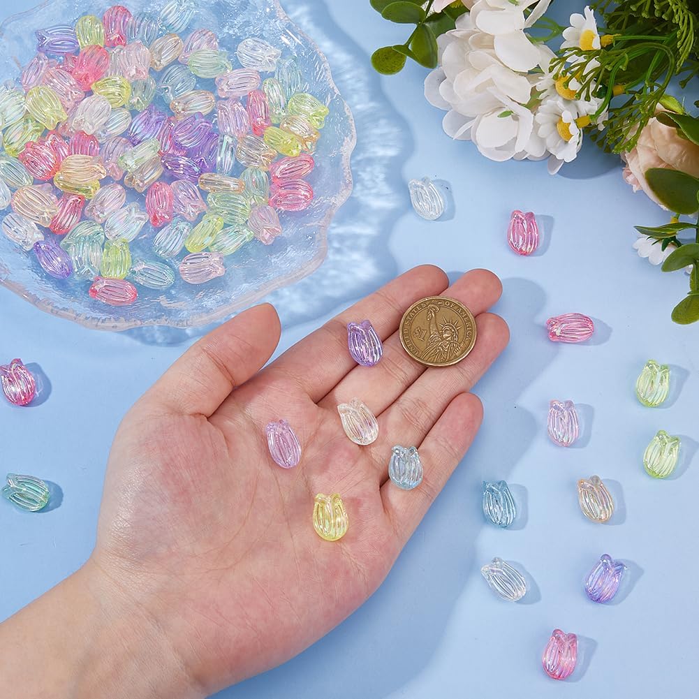 DICOSMETIC 100Pcs Tulipa Flower Beads Colorful Acrylic Flower Buds Bead AB Color Plated Transparent Acrylic Bead Small Craft Beads for Bracelet Necklace Earrings Jewelry Making - Image 3