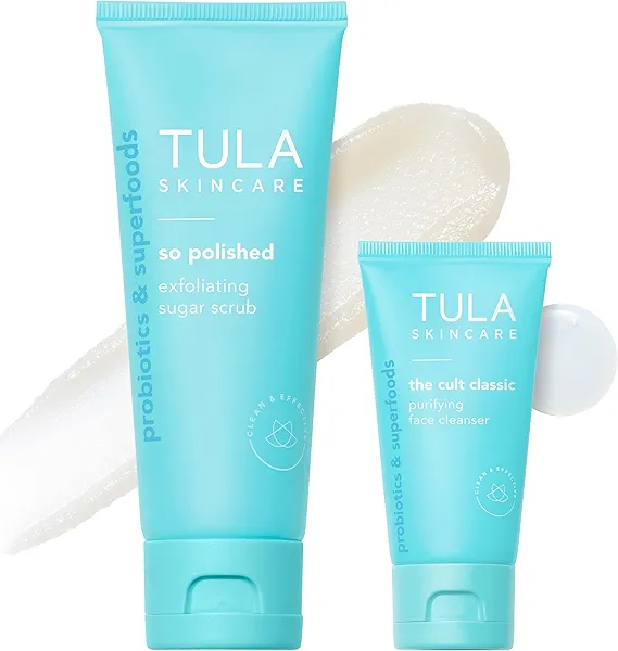 TULA Skin Care Cult Classic Purifying Face Cleanser Travel Size, 1 oz + So Polished Exfoliating Sugar Scrub Full Size, 2.9 oz., 2 Piece Set