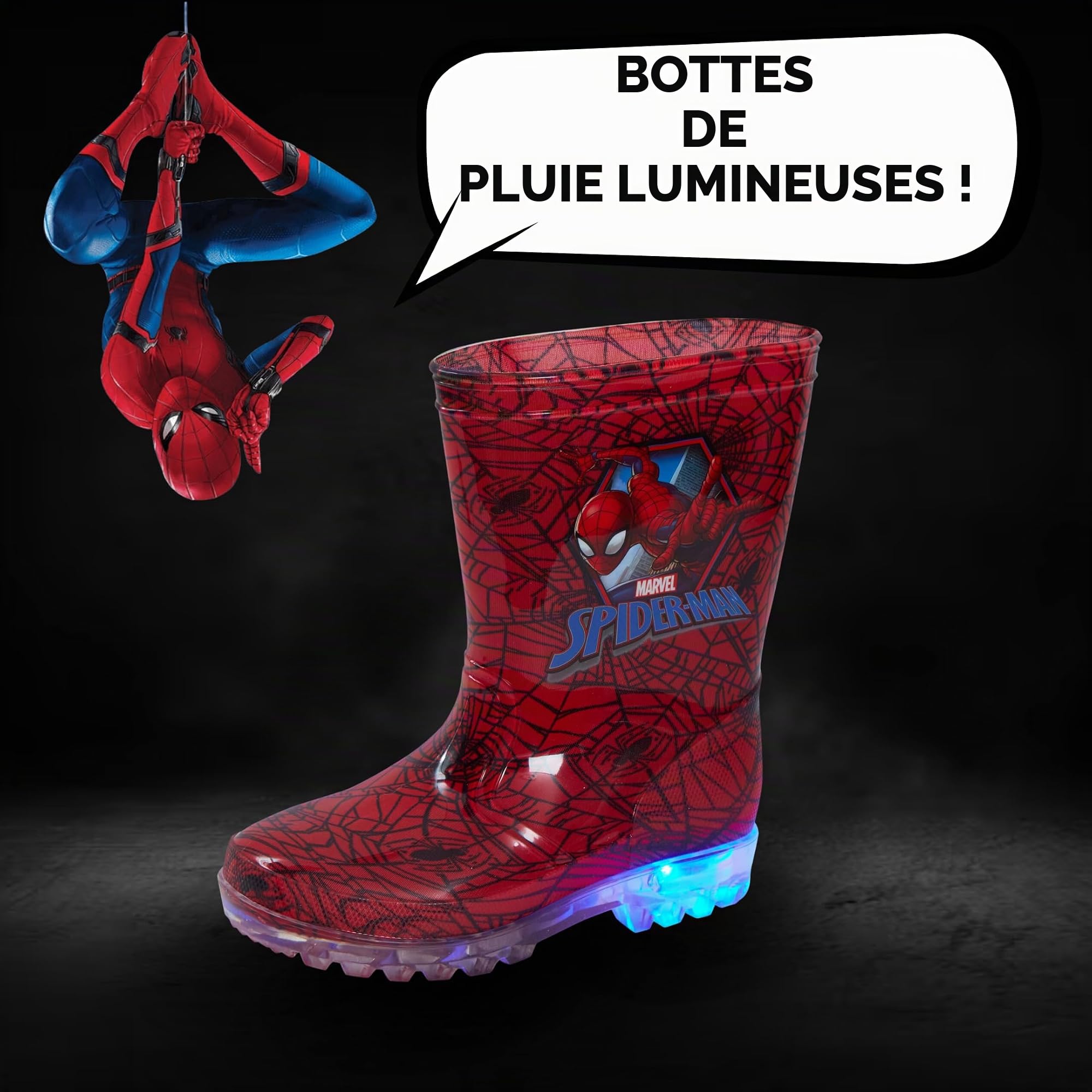 Marvel Spiderman Light Up Wellington Bottes Enfants Clignotant Pluie Neige Chaussures Wellies