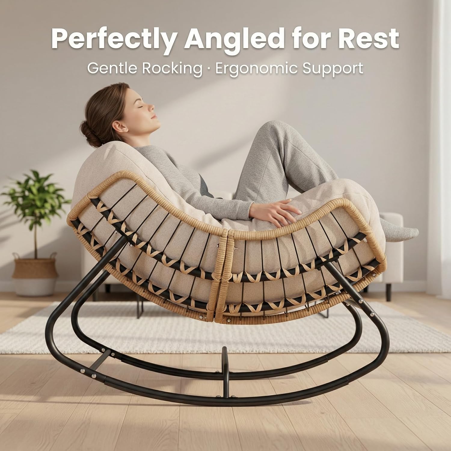 SWITTE Outdoor Rocking Chair, Oversized Papasan Wicker Patio Rocker, Indoor Reading Lounge with Cushion, Bed-Like Comfort Egg Chair for Bedroom,Balcony,Living Room, Porch, Garden-Cream