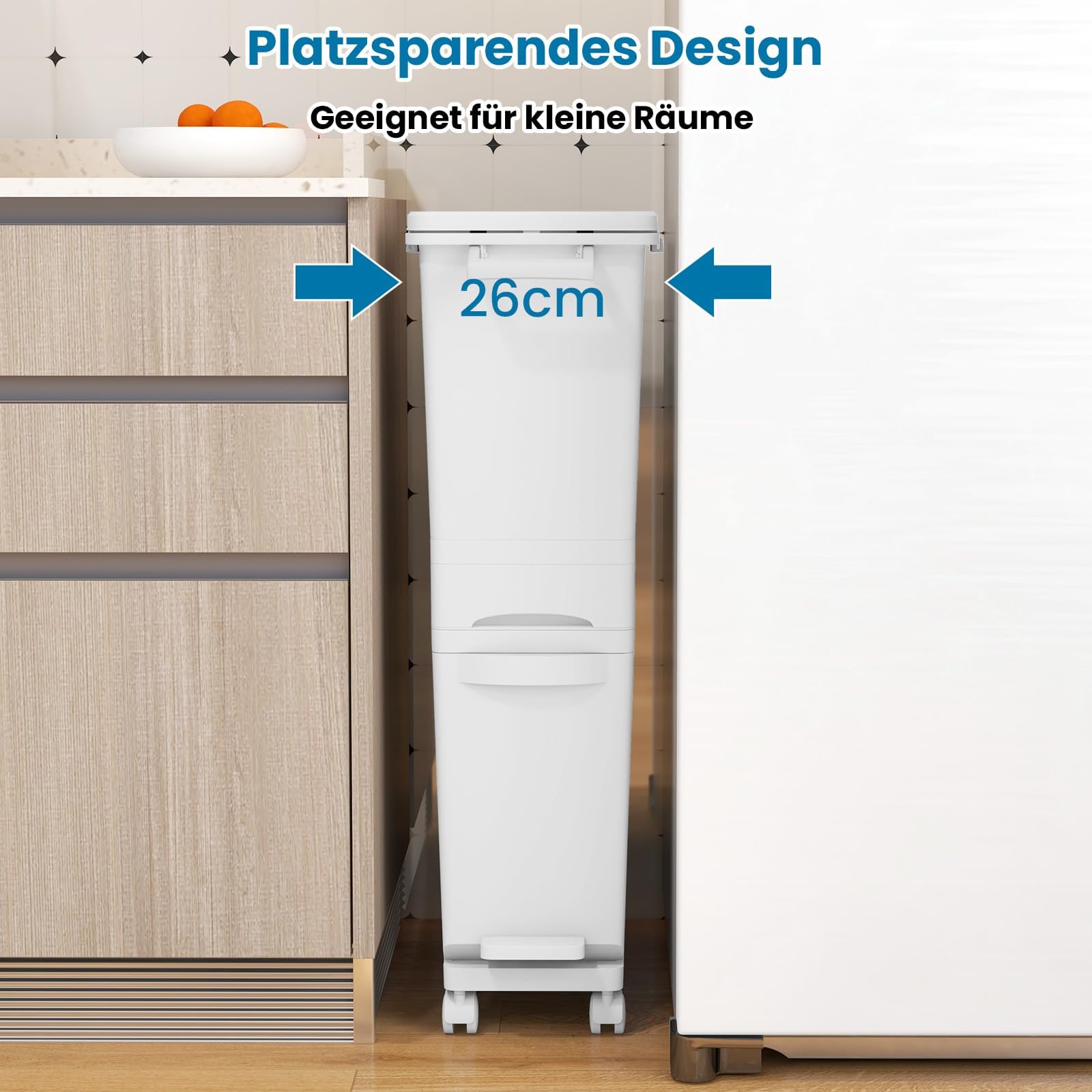 FANTASK 3 in 1 Mülleimer 32L auf Rädern, Abfalleimer Küche mit Kippbehälter & 2 Fächer, Schublade & Aufkleber,Tretabfalleimer mit Deckel & Abfalltrennsystem für Küche, Wohnzimmer