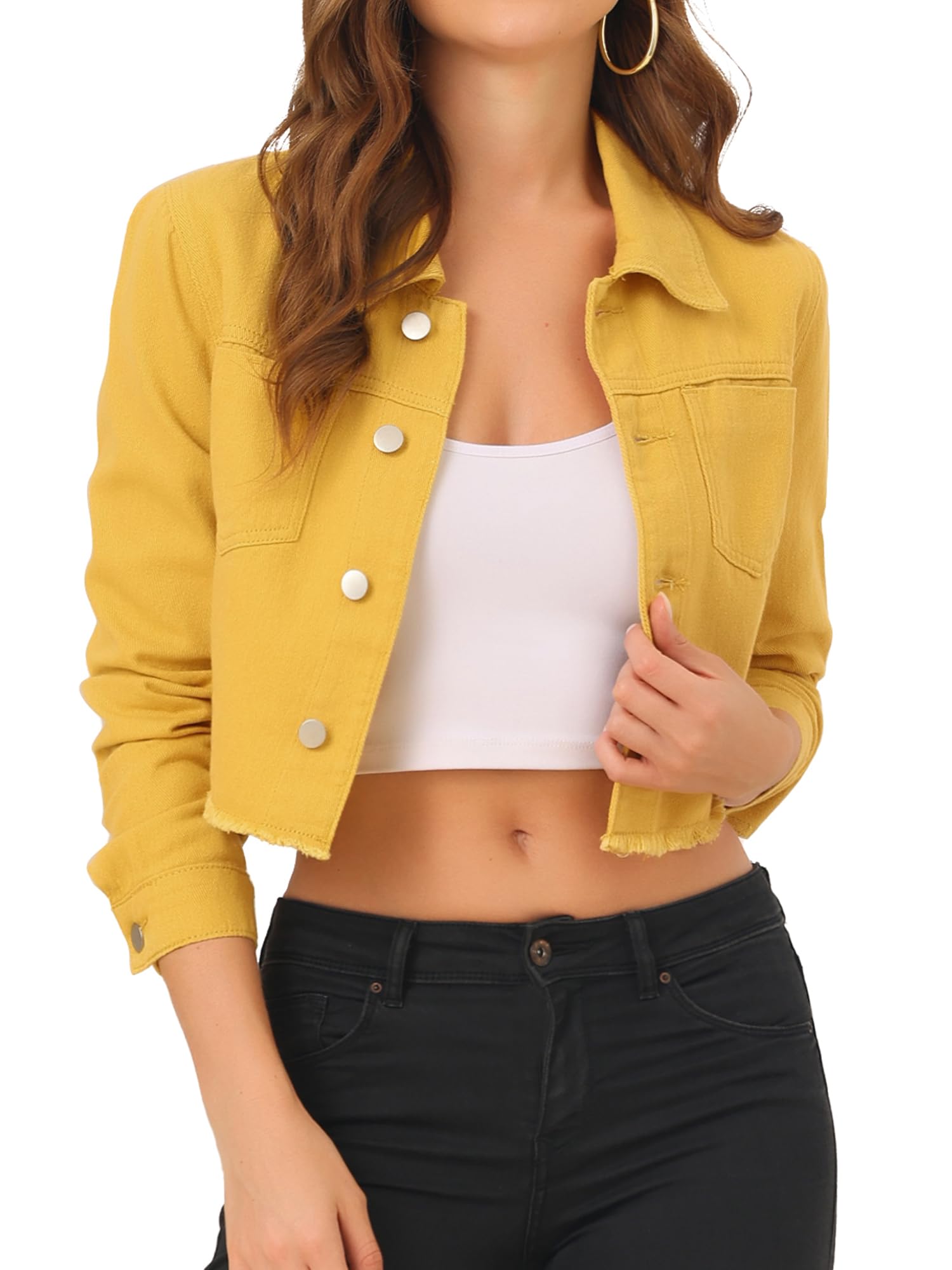 Allegra K Women's Denim Jacket Trendy 2025 Lapel Long Sleeve Button Up Fall Cropped Jean Jackets