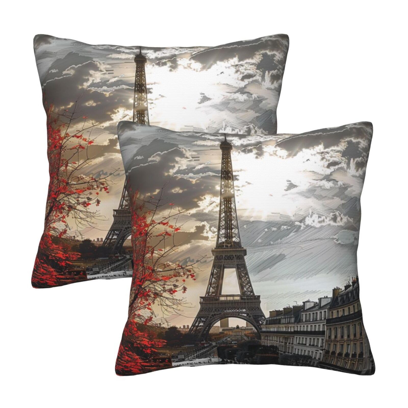Paris Throw Pillow Cases 2 Pack Square Pillowcases Soft Pillow Protectors for Couch Livingroom Sofa Bed Office Car,50x50 CM