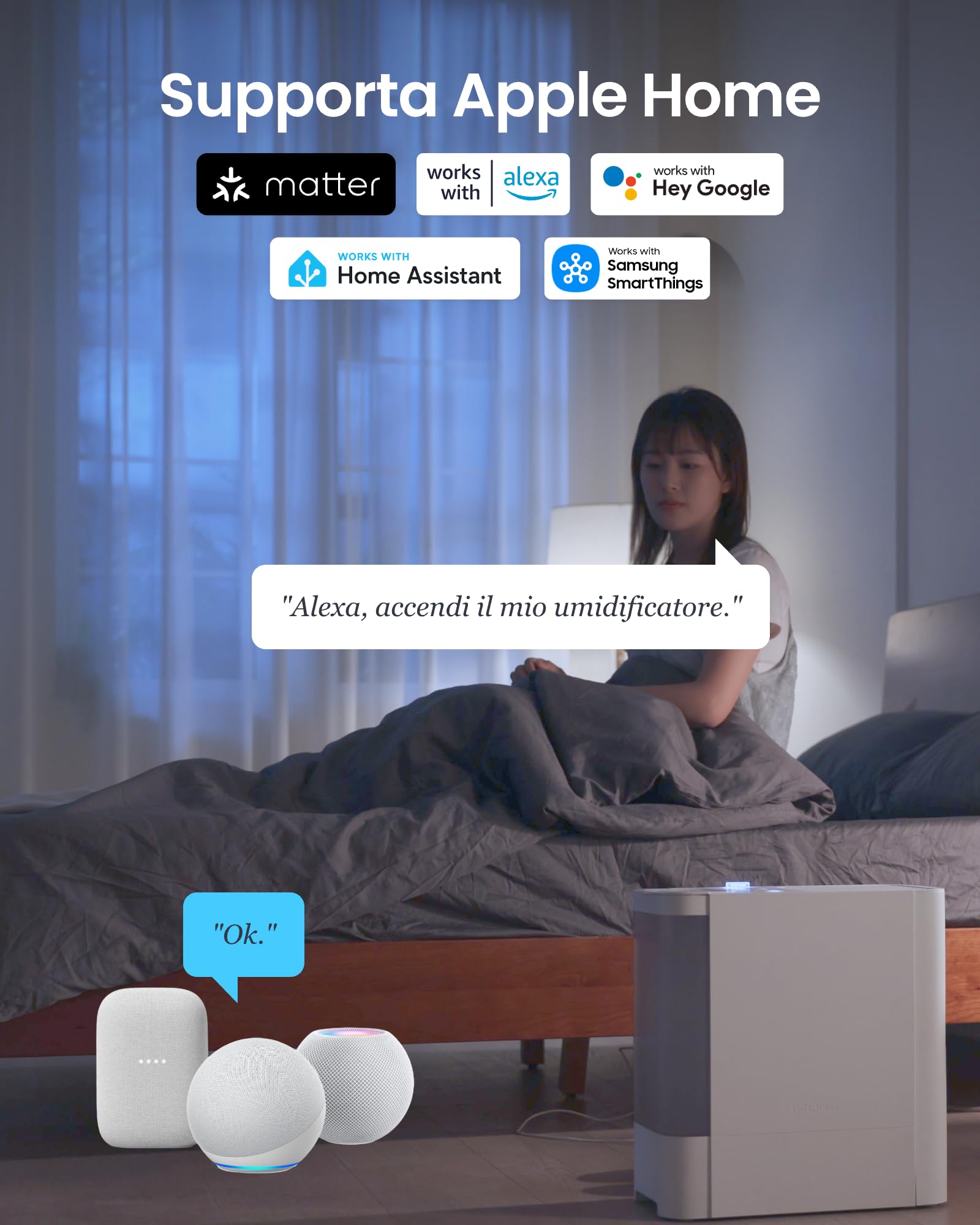 SwitchBot Umidificatore a vapore camera letto, 750ml/h, 4,5L stanze grandi, No nebbia No residui, Rabbocco dall'alto, Filtro lavabile, Silenzioso per bambini, Alexa, Google Home, HomeKit, Matter