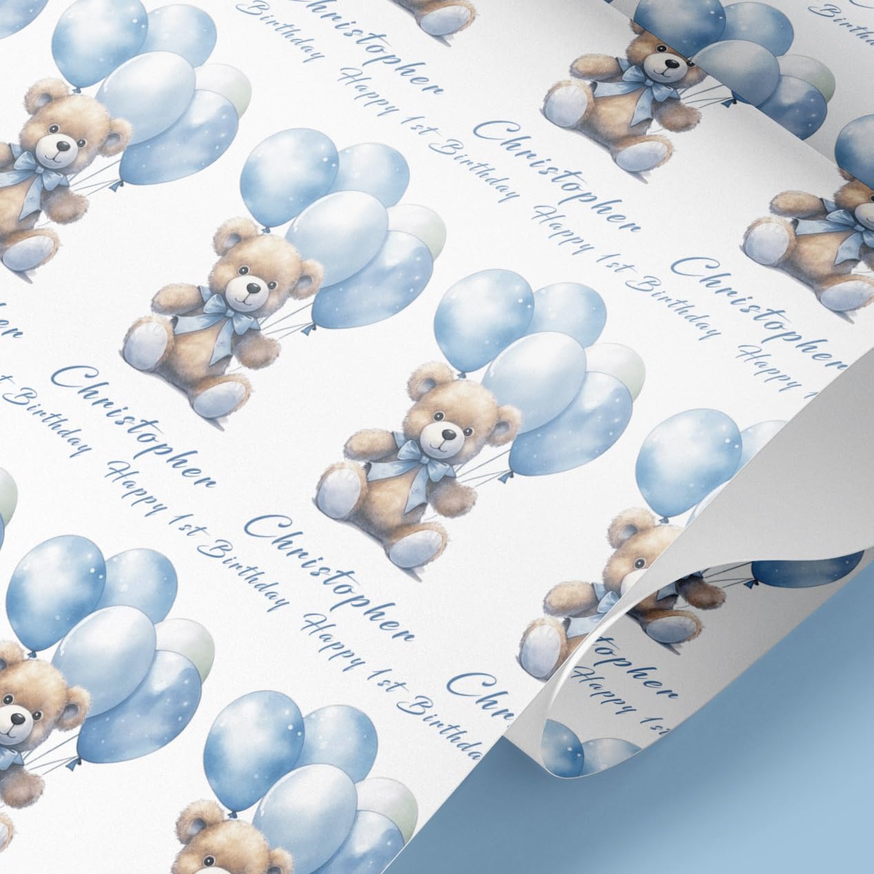Personalised Teddy Bear 1st Birthday wrapping paper | Name gift wrap | 61cm width wrapping paper rolls | 1st Birthday Gift Wrap | Present idea | Teddy Bear Gift Wrapping (Blue, 2mt)