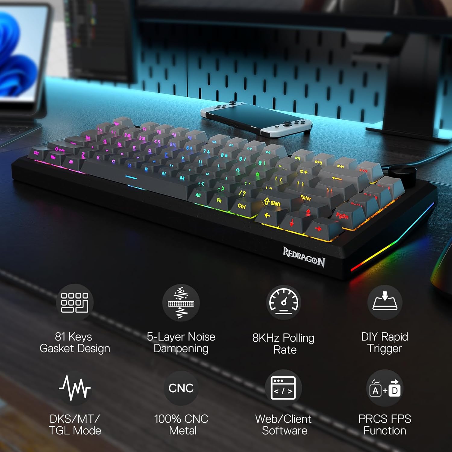 Redragon K687 HE Wired Gasket Gaming Keyboard, 81 Keys Rapid Trigger Mechanical Keyboard w/Dedicated Hall Effect Magnetic Switch, CNC Aluminum Board, Easy-Control Knob, 5-Layer Noise Dampening