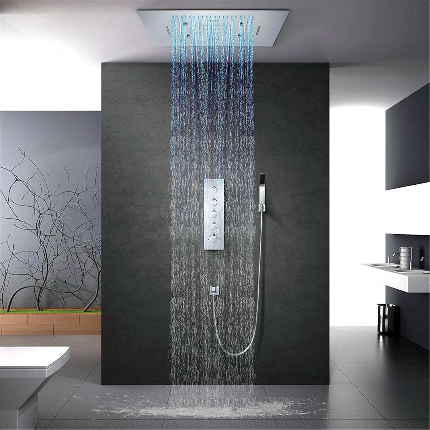 Led Thermostatic Shower Faucet Set, 304 Stainless Steel 60X80Cm Shower Head, Waterfall Rainfall Misty, 3-Function Bathroom Shower Mixer Set Chrome,Phone Control