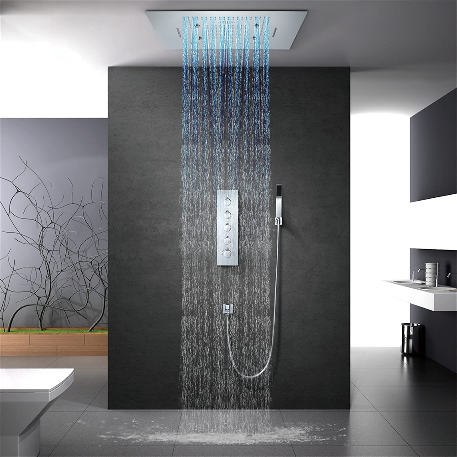 Zestaw baterii prysznicowej z termostatem LED, głowica natryskowa ze stali nierdzewnej 304, 60 x 80 cm, wodospad, deszczownica, 3-funkcyjny zestaw baterii prysznicow,
