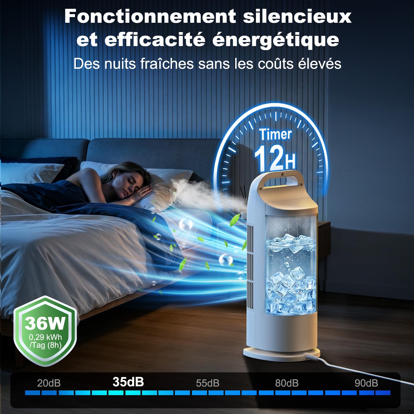6 en 1 Climatiseur Mobile, Climatiseur Portable Silencieux avec Refroidisseur d'air 1200ml, 120°Oscillation, 1-12H Minuteries, 4 Vitesses, Touches Tactiles (Blanc frais)