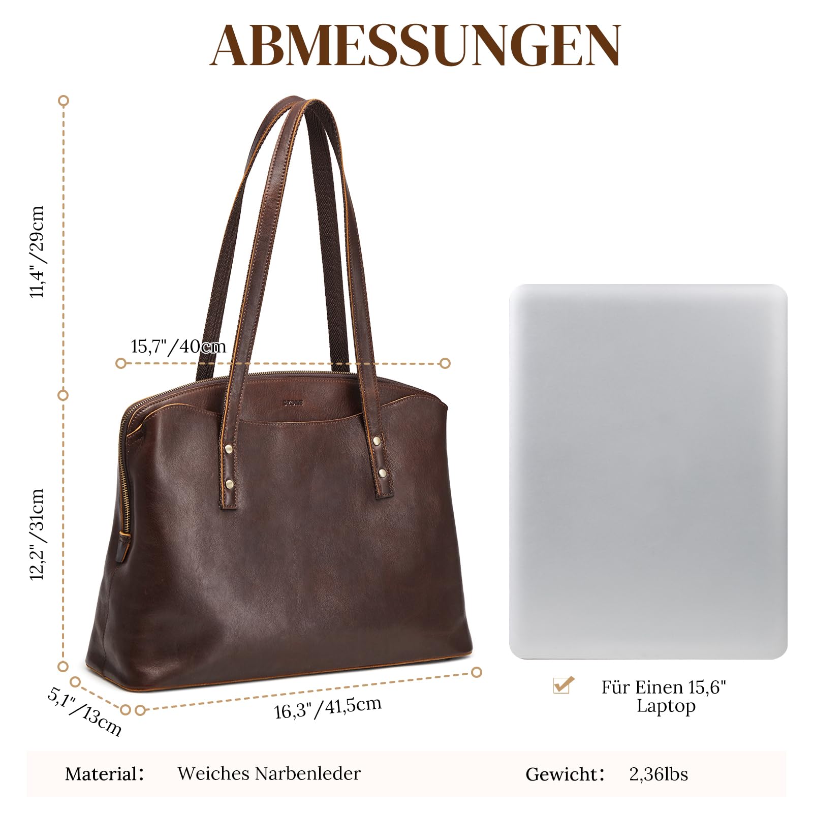 S-ZONE Damen-Schultertasche aus Leder, große Handtasche, Arbeits-Umhängetasche, Hobo-Tasche, passend für 15,6 Zoll Laptop
