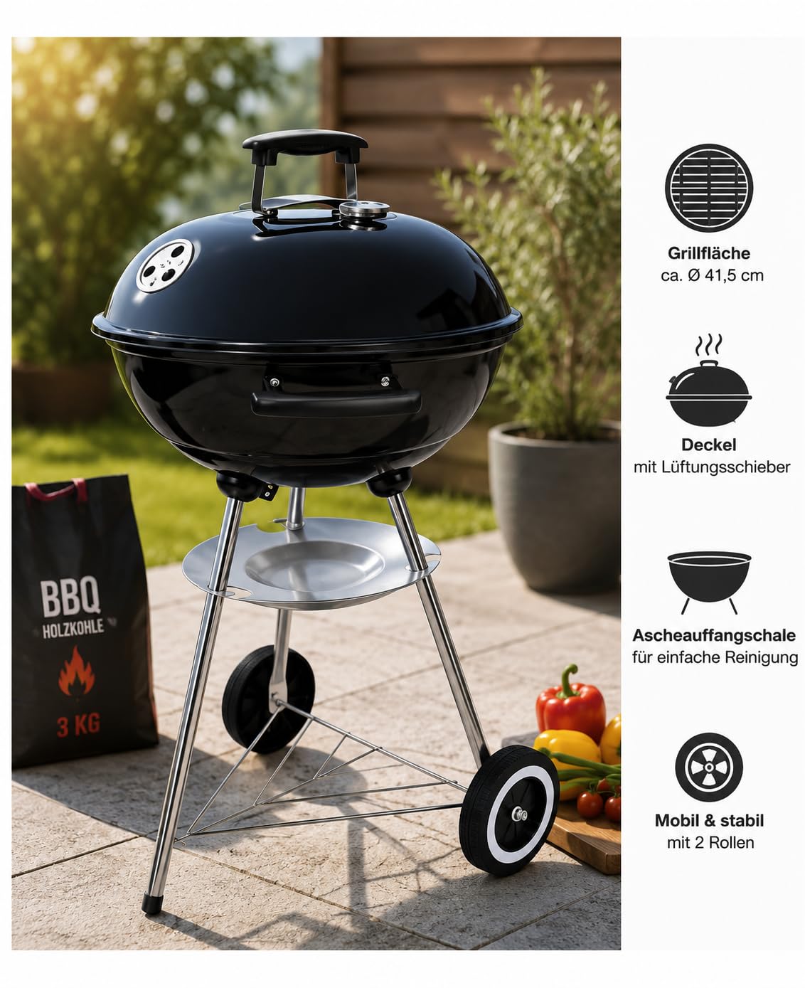 Nexos Kugelgrill Holzkohlegrill mit Deckel & Thermometer – Ø 41,5 cm verchromter Grillrost – BBQ Grillwagen mit Rädern – Schwarz – Outdoor Grill für Garten & Terrasse