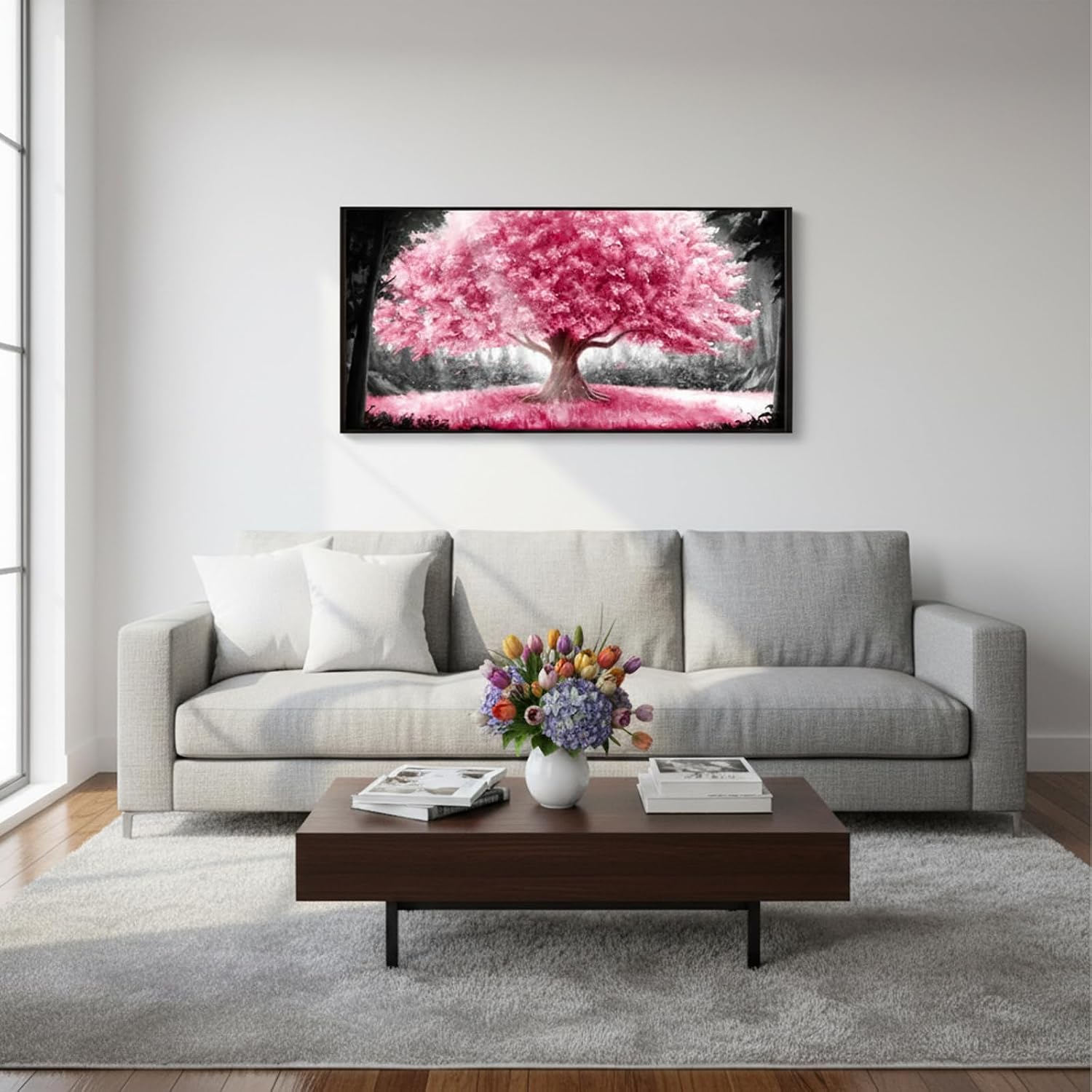 sechars Pink Blossom Tree Wall Art Black and White Landscape Painting with Pink Tree Pictures 20"x40"