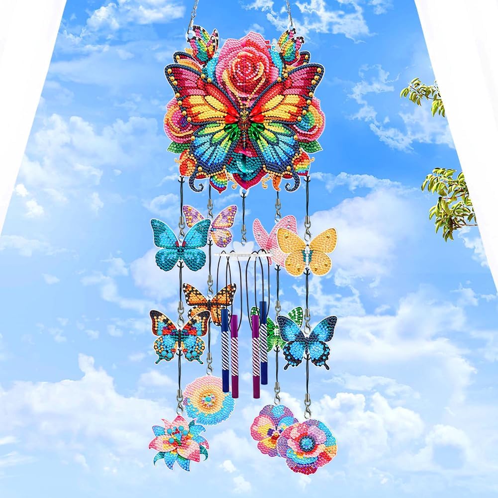 Diamond Art Wind Chimes Kit, Double Sided 5D DIY Diamond Painting Suncatchers Home Hanging Ornament for Garden (Butterfly)