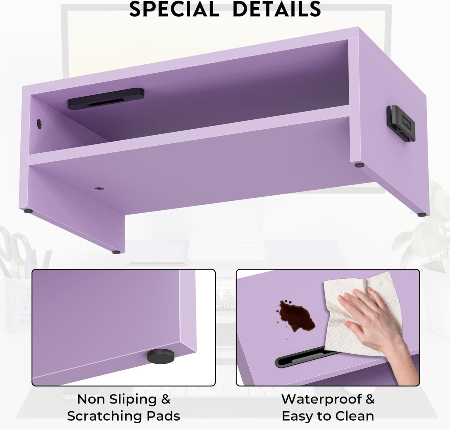 BONTEC Wooden Monitor Stand Riser, 2-Tier Desk Shelf with Storage Organizer, Ergonomic Computer Stand with Cable Management, Cellphone Holder, Purple, 16.5 Inch