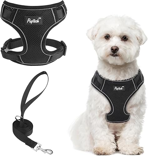 Miniatura 1 de PUPTECK Juego de arnés y correa para perros pequeños y medianos sin tirones, arnés ajustable de malla suave reflectante por la noche, negro, M