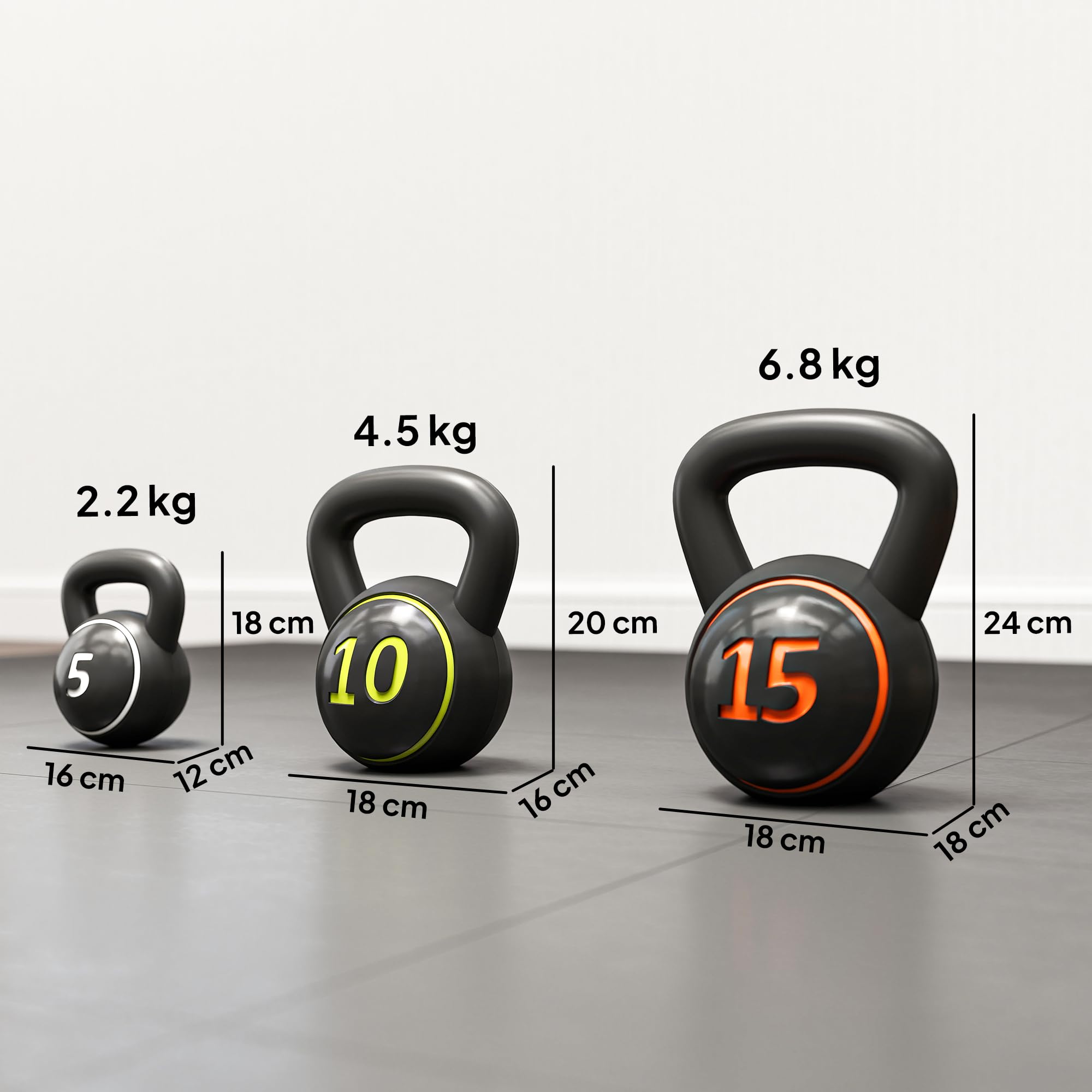 SPORTNOW Set 3 Kettlebell con Manico Liscio Base Piatta e Portapesi, Pesi da Palestra in Plastica e Sabbia, 2.2 kg 4.5 kg 6.8 kg (5lbs 10lbs 15lbs), Nero