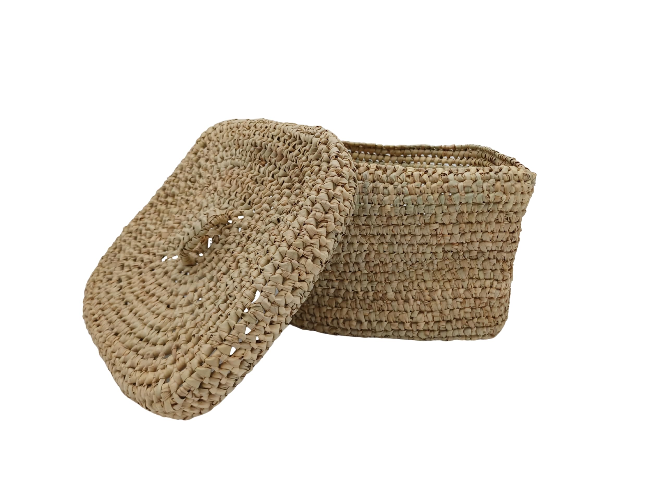 Cesta Cuadrada de Almacenamiento Marroquí, Fibras Naturales, con Tapa Tejida, Beige (Mediano)