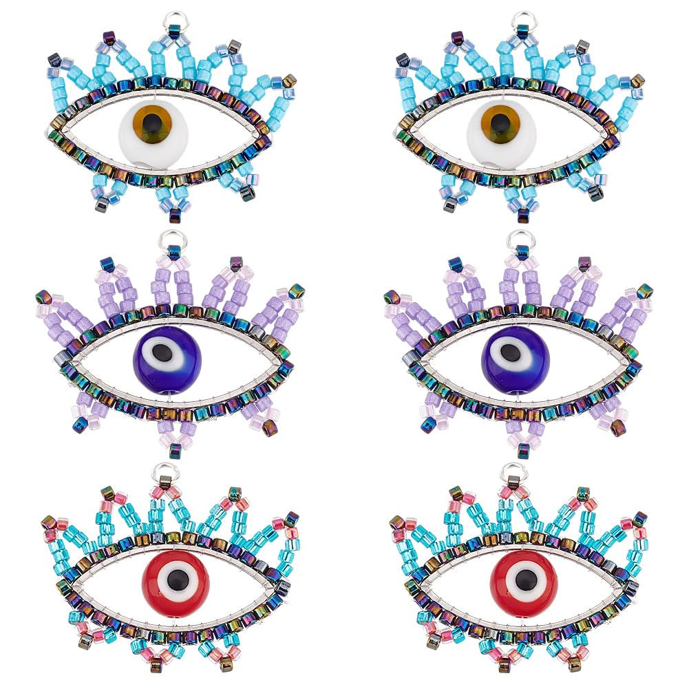 GOMAKERER 6 Pcs 3 Colors Glass Seed Beaded Evil Eye Charms, Handmade Horse Eye Pendants Lucky Turkey Evil Eye Lampwork Beaded Charms for Earring Bracelet Necklace Jewelry Making