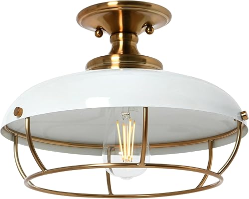 Miniatura 5 de Robert Stevenson Lighting - Lámpara de techo semiempotrada de metal con cúpula enjaulada Presley, latón cepillado y blanco