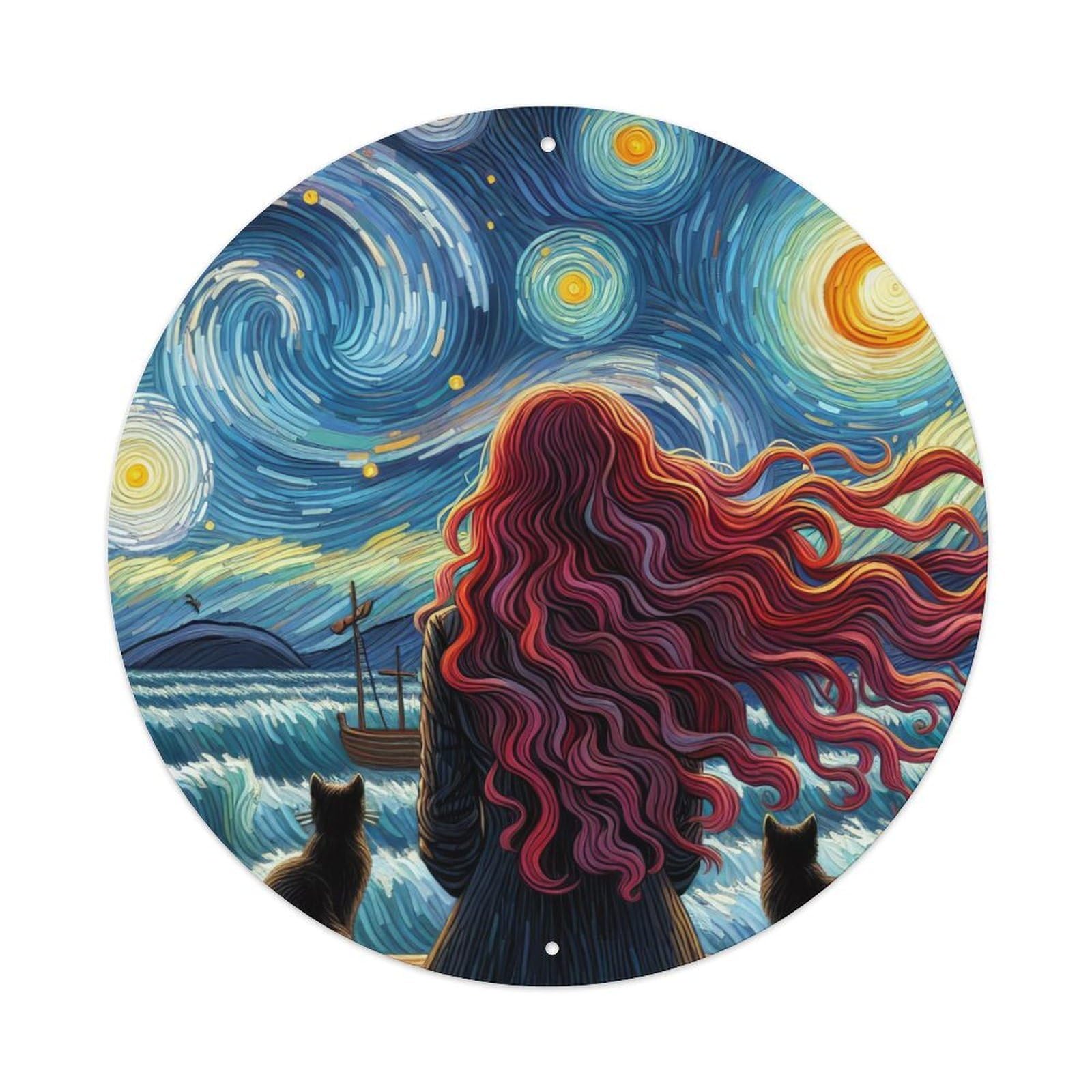 Vintage Art Starry Night Dock Red Hair Melody Vintage Metal Tin Sign Plaque Wall Decor for Cafe, Club, Garden Round Metal Poster 8x8Inch