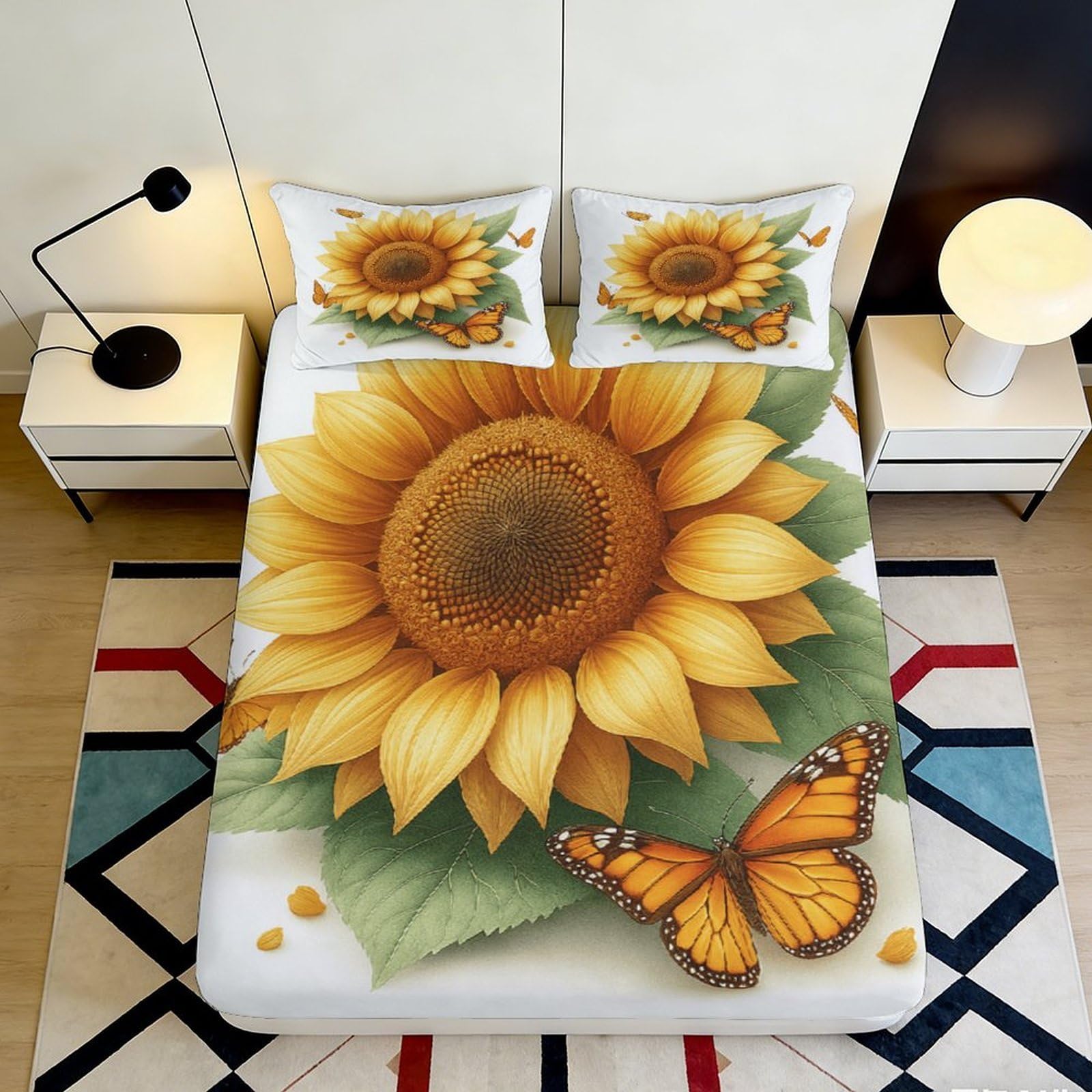 3D Printed Sunflower Fitted Sheet Microfiber Soft Yellow Butterfly Mattress Cover for Bedroom Dorm Protection Decor 120x200x25cm