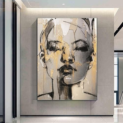 Miniatura 2 de Pintura de arte moderno, lienzo negro con retrato de belleza, impresión en lienzo para sala de estar, marco negro, decoración de pared, 31 x 57