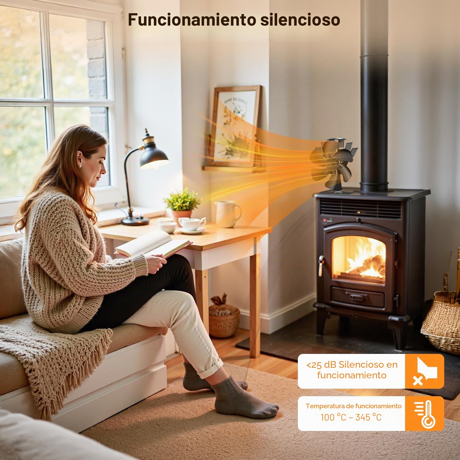 Ventilador Poele de Madera, Ventilador con Calor con 4 aspas Silenciador para Chimenea Tubo/Estufa de Gas/Registro/Pellet