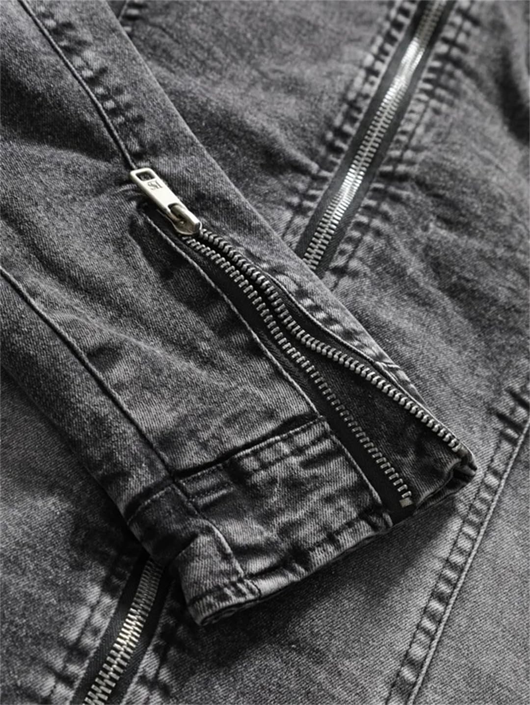 Mężczyźni Retro Zamki Stojący Kołnierz Slim Fit Moto Biker Odzież Wierzchnia Motocykl Kurtka Dżinsowa