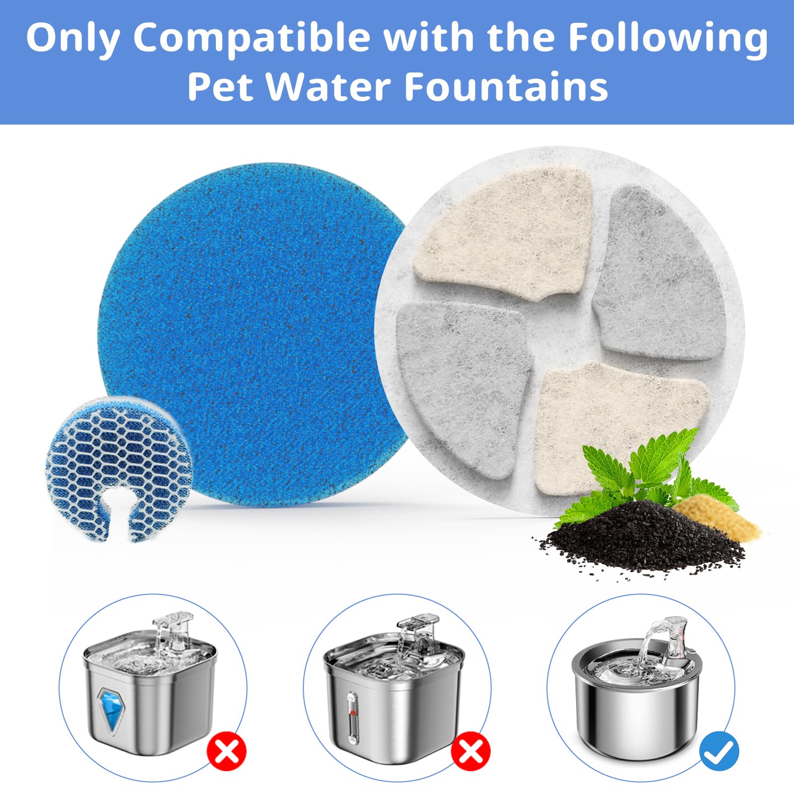 Filtros de fuente de agua de acero inoxidable para gatos, paquete de 5 filtros de repuesto para fuente automática redonda de 2L/67 onzas, filtro con sistema de triple filtración (5+5+5)