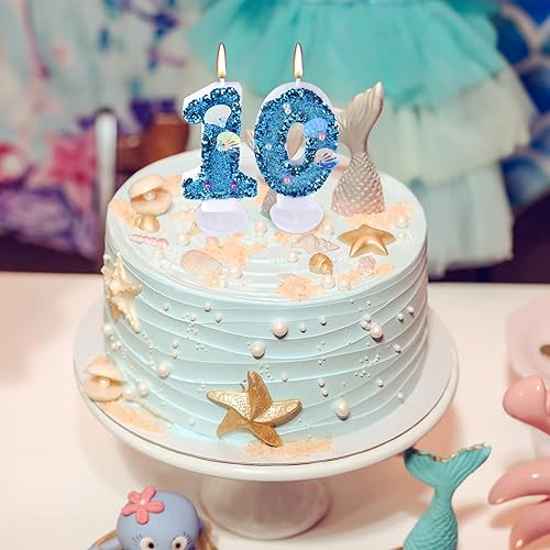 Miniatura 6 de Vela de número de cumpleaños de 3 pulgadas, velas de números de lentejuelas de concha azul con purpurina para decoración de pastel para cumpleaños,