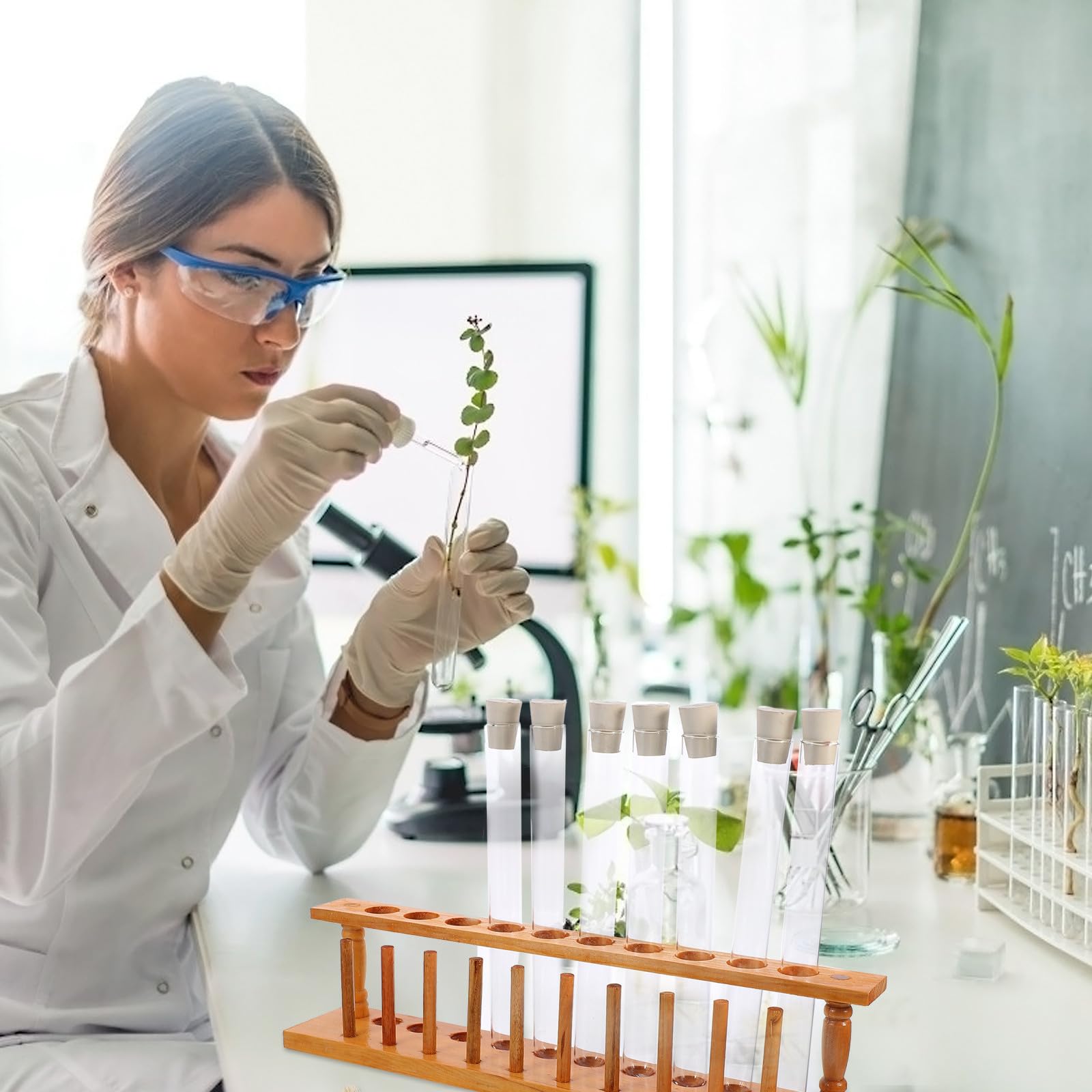 YARNOW Kit di Provette in Vetro con Tappi di Gomma, Supporto in Legno da 10 Fori e Spazzola per Pulizia, per Esperimenti Scientifici Scolastici e Attività Creative