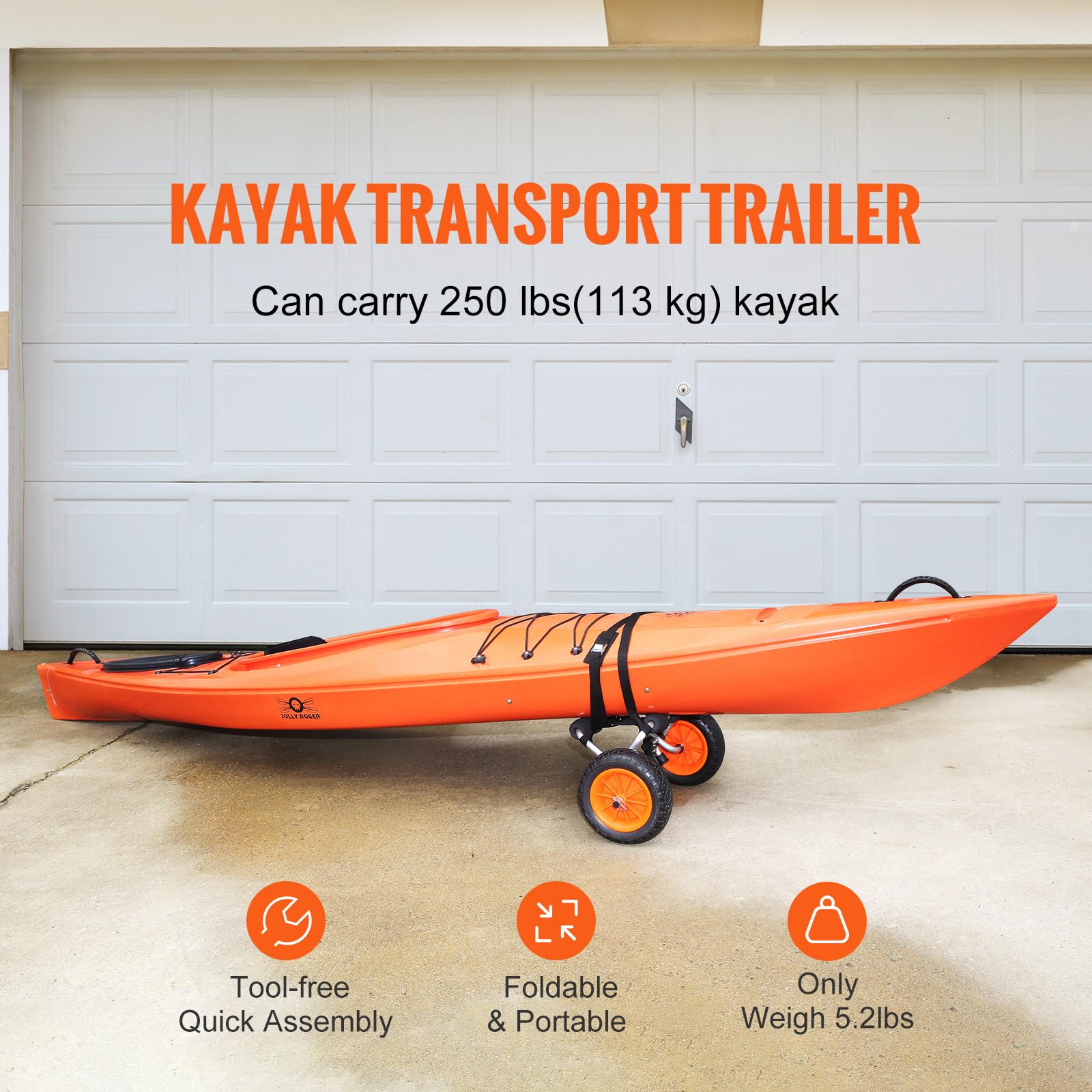 Happybuy Heavy Duty Kayak Cart, 250lbs Capacity, Foldable Canoe Trolley with 10'' Solid Tires, Non-Slip Support Foot & Tie-Down Strap, for Kayaks, Canoes, Paddleboards, Jon Boats