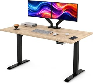 POKAR Höhenverstellbarer Schreibtisch Elektrisch 160x80 cm | Massive 25mm Platte | Memory-Panel mit USB-C und USB-A | Steh-Sitz-Tisch für Home Office | Gestell Schwarz, Platte Sonoma Eiche