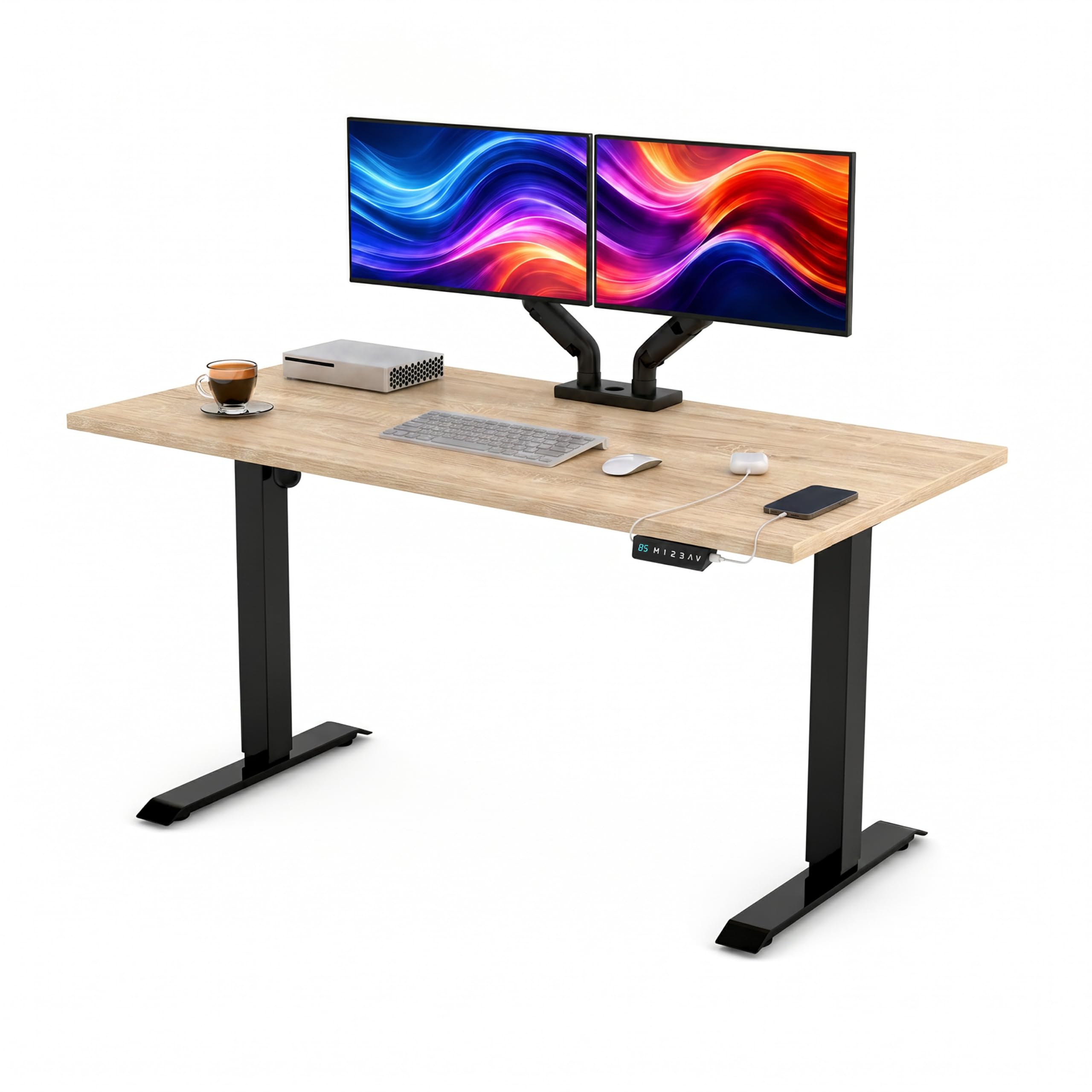 POKAR Höhenverstellbarer Schreibtisch Elektrisch 120x80 cm | Massive 25mm Platte | Memory-Panel mit USB-C und USB-A | Steh-Sitz-Tisch für Home Office | Gestell Schwarz, Platte Sonoma Eiche