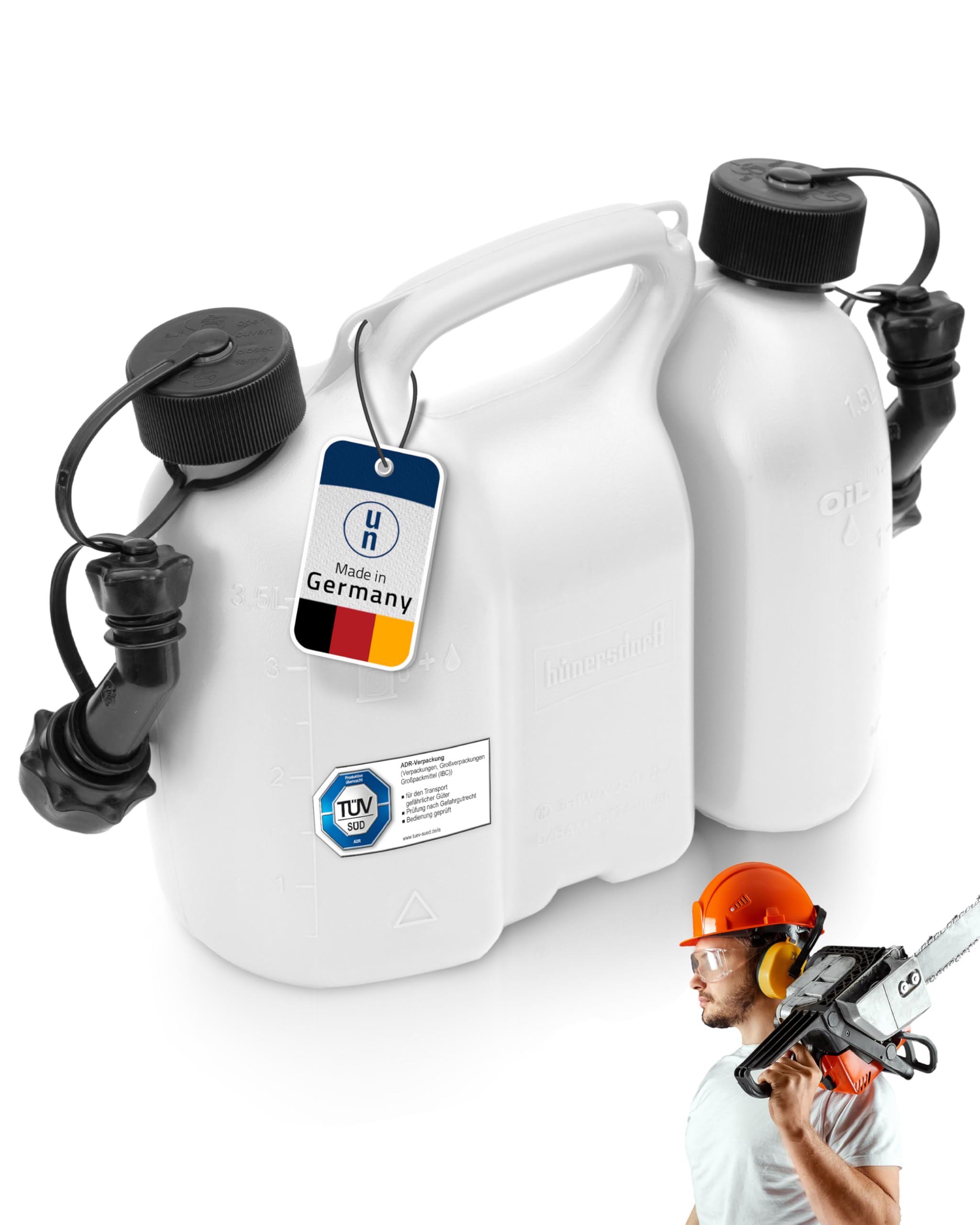 hünersdorff Bidons doubles/Bidons combinés pour carburant et huile avec 2 tuyaux d'écoulement, 3 + 1,5 litres, homologation UN, Made in Germany