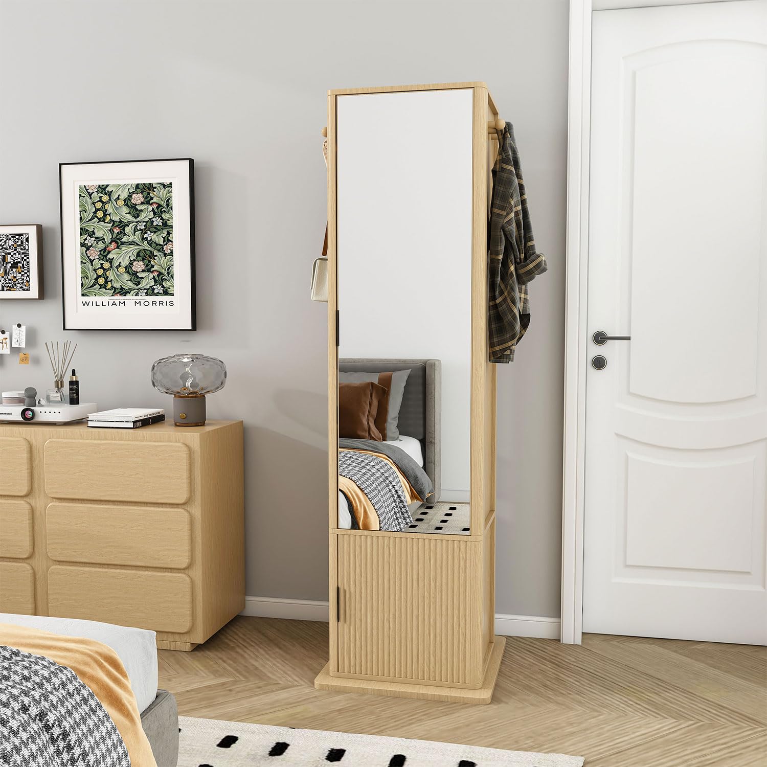 360° Rotating Jewelry Cabinet with Full-Length Mirror, Standing Jewelry Armoire Organizer with 4 Open Shelves, 2 Built-In Shelves, Coat Rack &amp; Storage Drawers, 4-in-1 Makeup Cabinet, 66.5" H,Oak