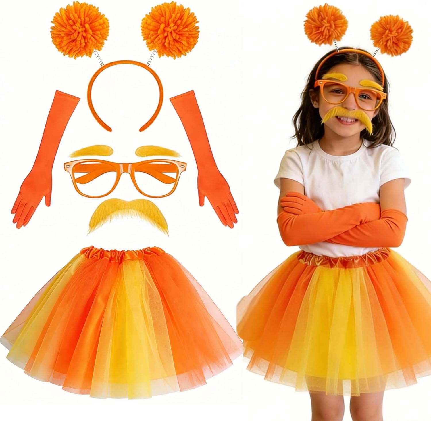 Orange Tutu Costume Set for Kids Girls Yellowe Plush Headband, Gloves, Glasses Spirit Day Girls Tutu Costume Halloween 80s Cosplay Birthday Party